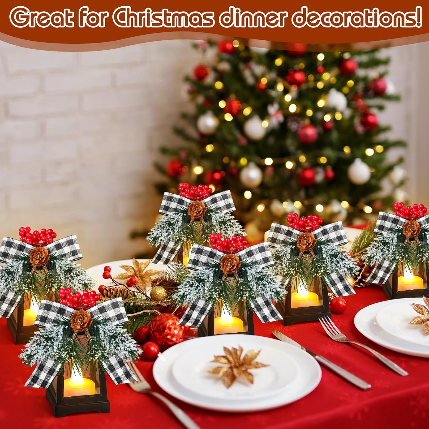 Set of 12 Christmas Mini Decorative Lanterns with Flickering LED Flameless Candle Hanging Lantern Decoration Bulk with Buffalo Plaid Bow Battery Included for Xmas Party (Black and White Bow)