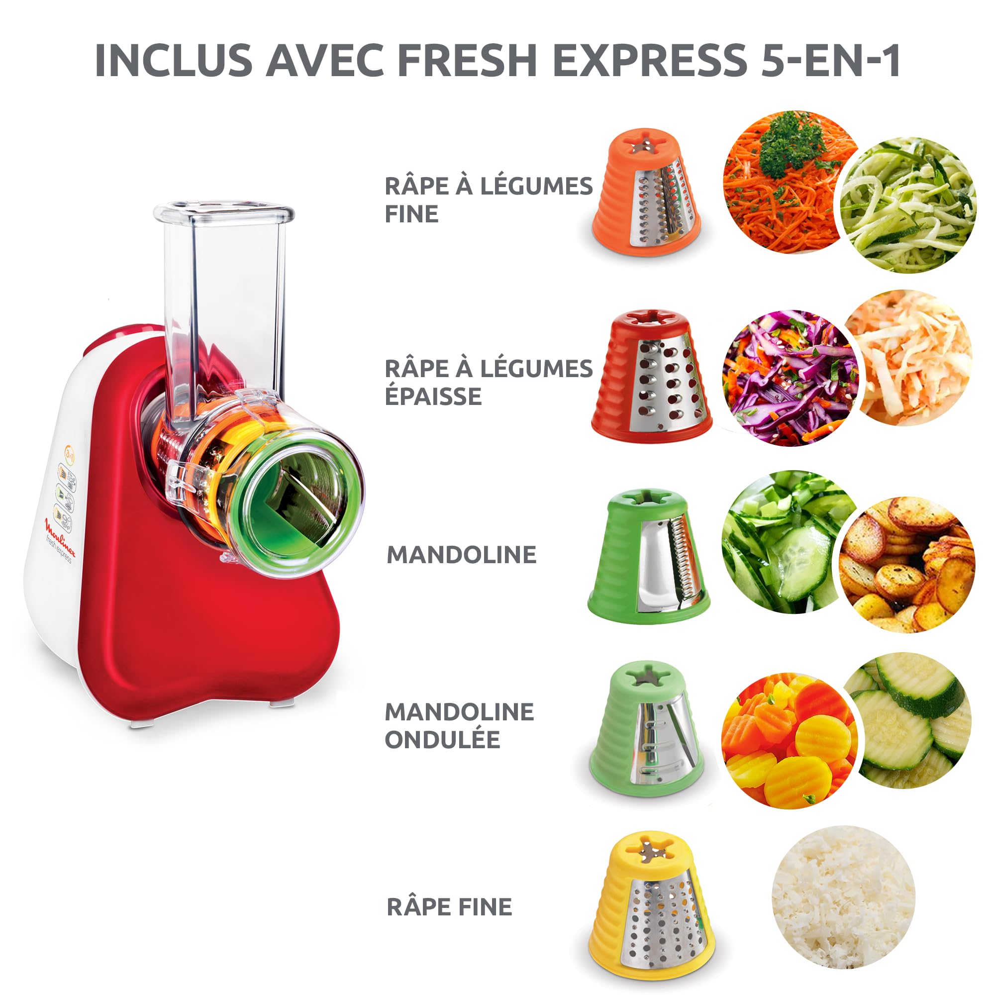 Moulinex Fresh Express Découpe-légumes 5-en-1, Tranche, Emince, Râpe, Large tube d'alimentation, Cône avec code couleur, Fabriqué en France DJ755G10, Rouge, Blanc