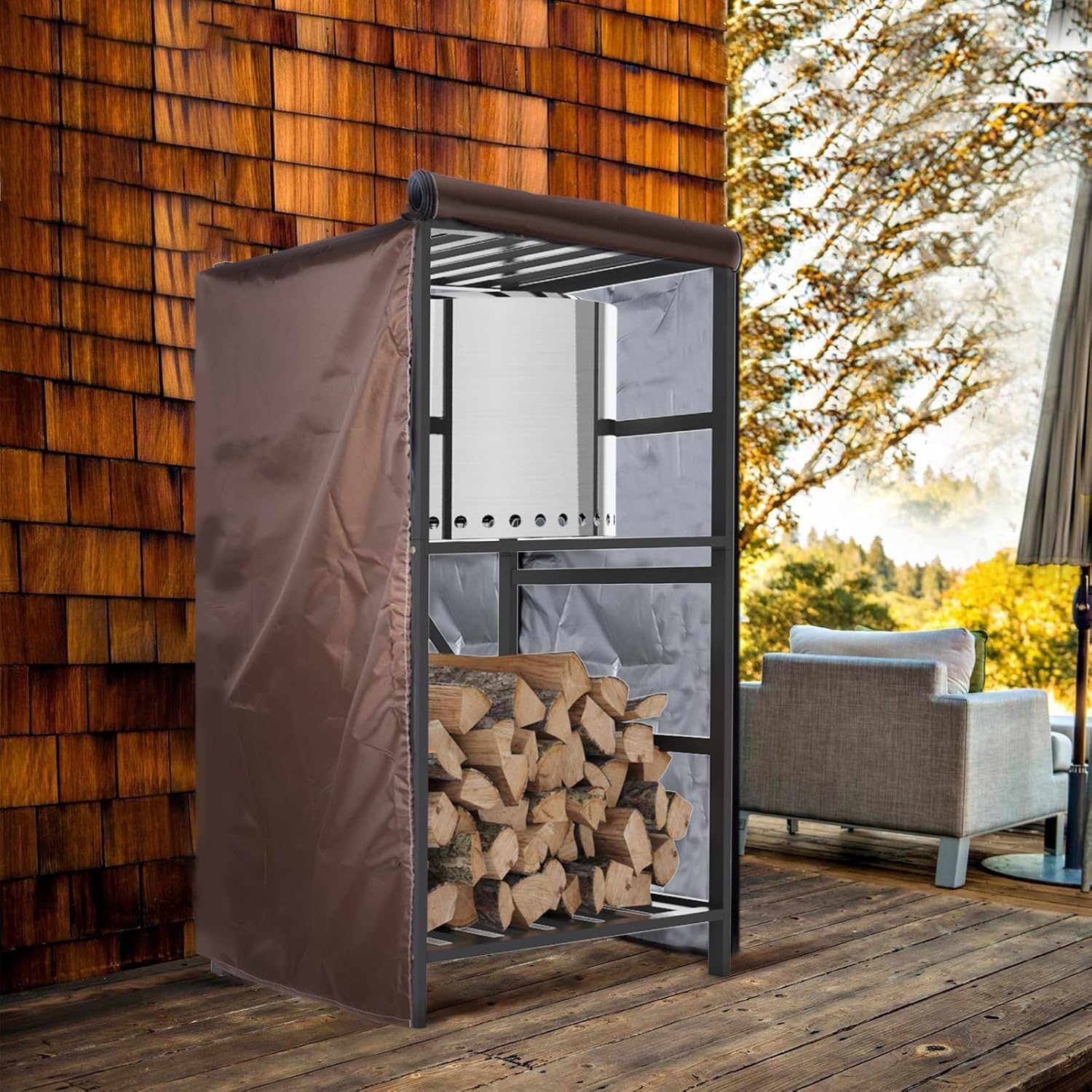 Storage Station 4.5ft for Solo Stove Yukon, Bonfire, Ranger and other Fire Pit Stove, Firewood Storage Cabinet with Waterproof Cover for Patio Logs Fire Pit Accessories Camping and Backyard Use