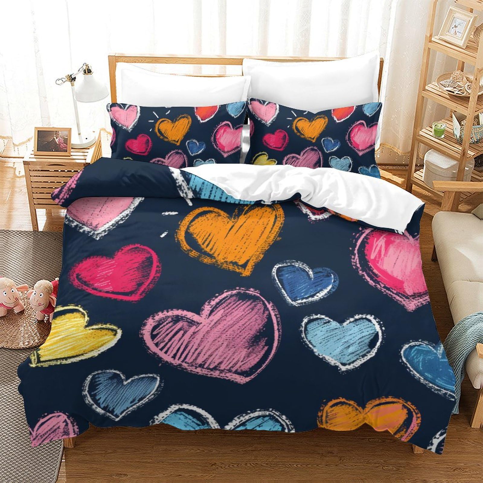 Housse de couette avec fermeture éclair motif coeur 3D parure microfibre anti-pli ado