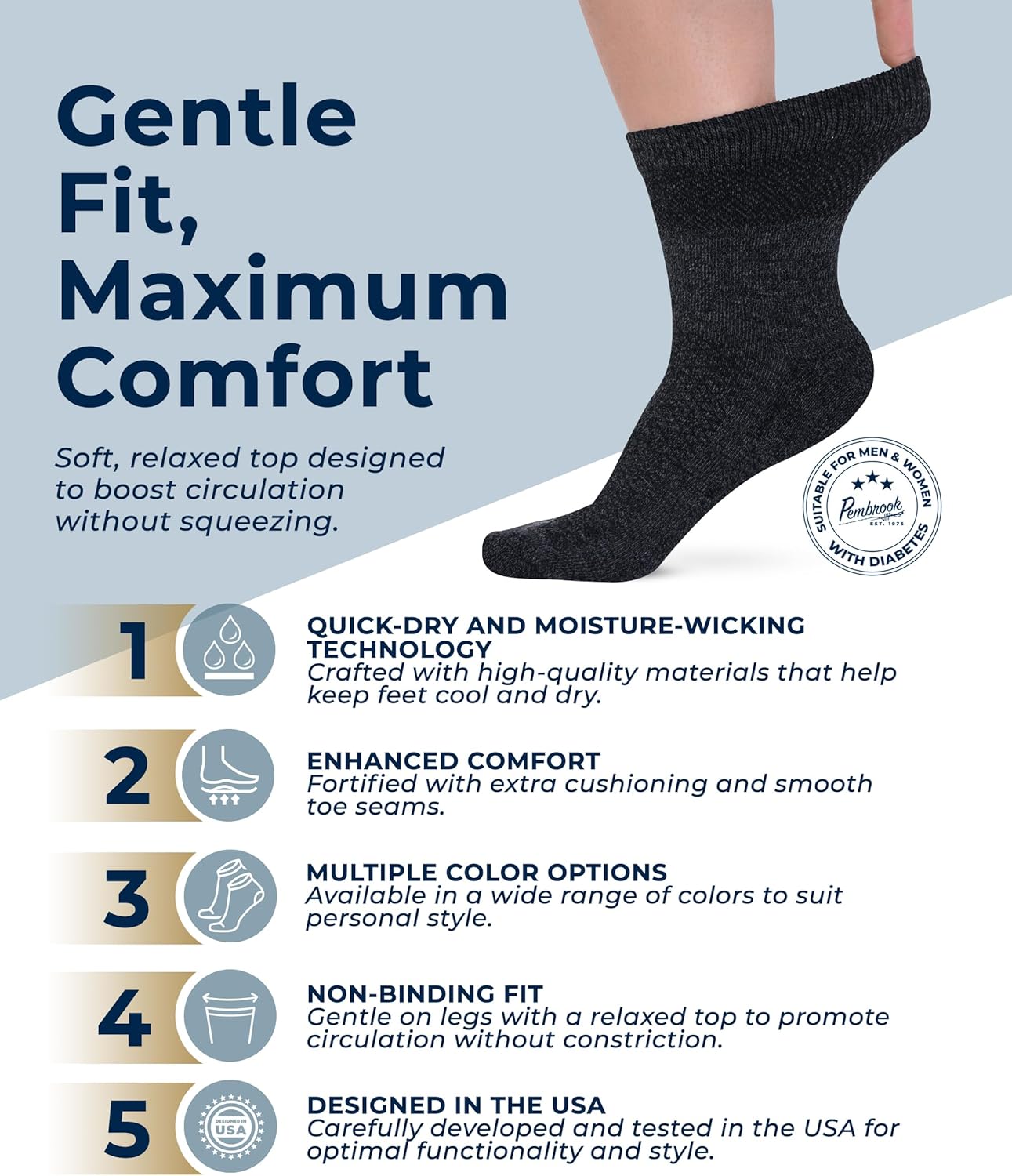 Pembrook Ankle Diabetic Socks for Women & Men - 6 Pairs | Breathable Bamboo Viscose | Wide Non Binding Socks Women, Loose Fit - Image 2