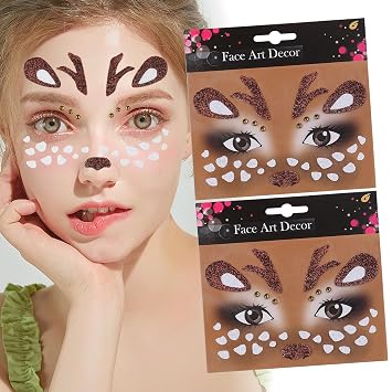Cute Deer Face Stickers Christmas Deer Face Gem Stickers Glitter Antlers Temporary Sticker Animal Eye Sticker Red Diamonds Design Children Adult Face Eye Accessories for Christmas Makeup PartyA