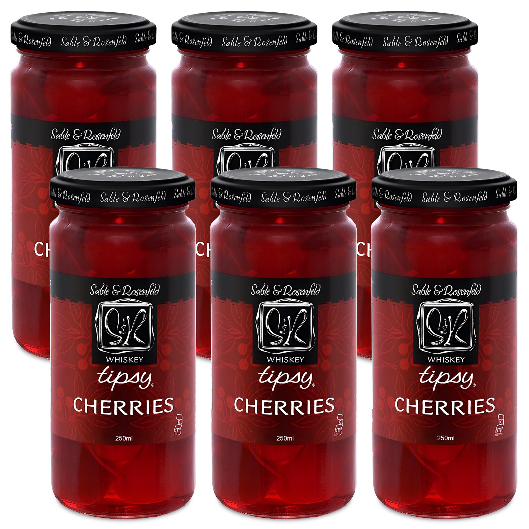Whiskey Tipsy Cherries Cocktail Garnish - Whiskey Cherries in Spiked Syrup, Premium Cocktail Cherries for Manhattans, Martinis, Dessert, Cheese Tray - Sable & Rosenfeld - 10 oz (Pack 6)