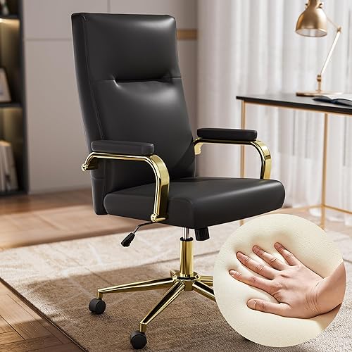 Silla de oficina negra y dorada de espuma viscoelástica, silla de oficina con respaldo alto con brazos y ruedas, silla de escritorio ejecutiva de
