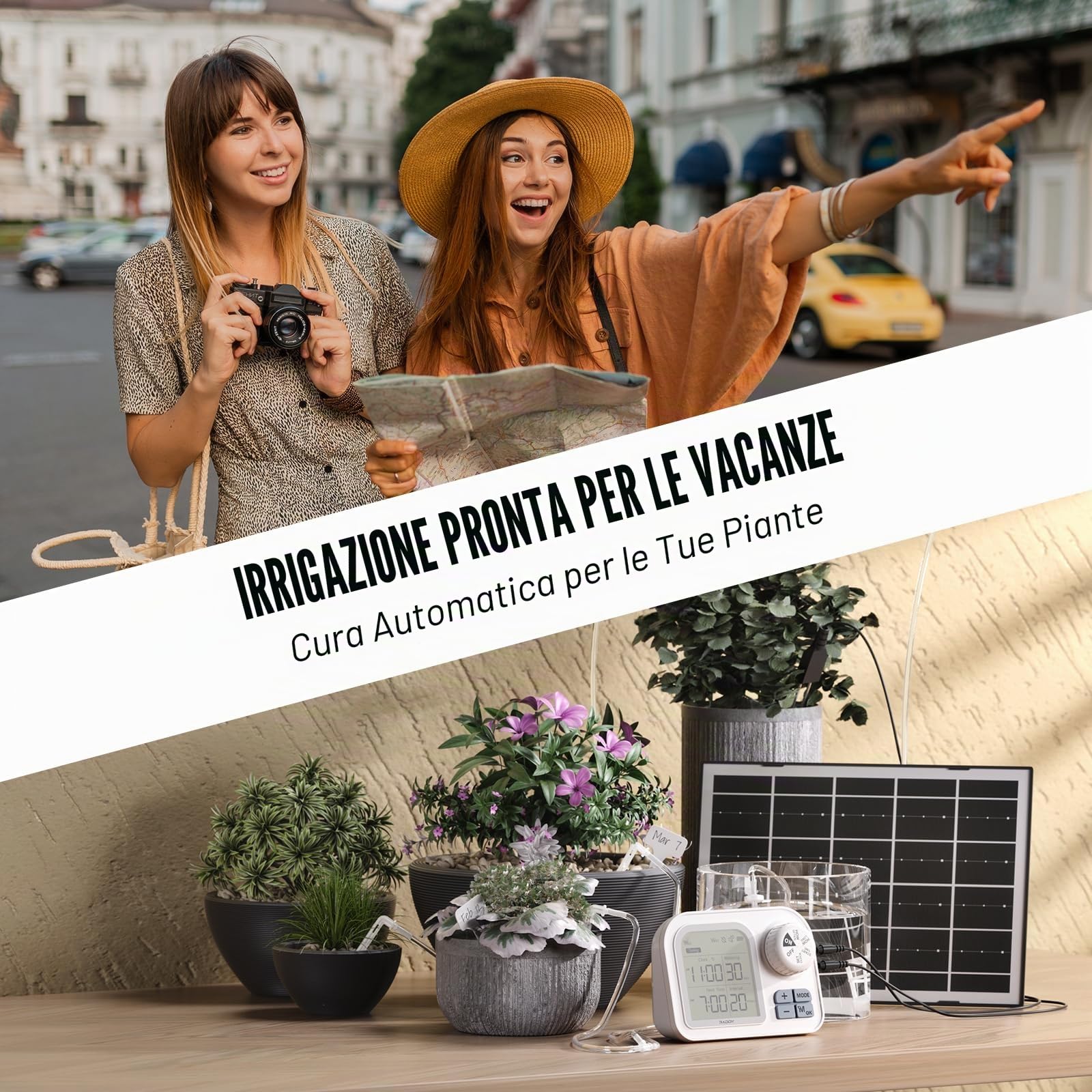 Raddy WS-7 Irrigazione automatico solare, Sistema di irrigazione per 15 piante in vaso, Rilevamento automatico dell'umidità del terreno, 2600 mAh batteria, IPX7 per interni ed esterni, balconi