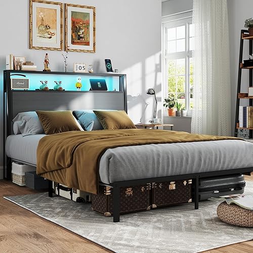 Queen Size Bed Frame with Headboard, Metal Platform Bed Frame with LED Lights & Charging Station, Under Bed Storage, Solid and Stable, No Box Spring Needed, Noise Free, Easy Assembly, Dark Grey