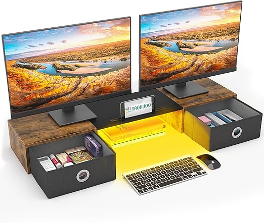 Amazon.com: YAOHUOO Dual Monitor Stand with LED Light 2 Drawers ...