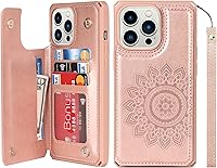 Vista 20 de iCoverCase Funda compatible con iPhone 13 Pro Max con tarjetero para mujer, bloqueo RFID en relieve de piel sintética con correa de muñeca de 6.7