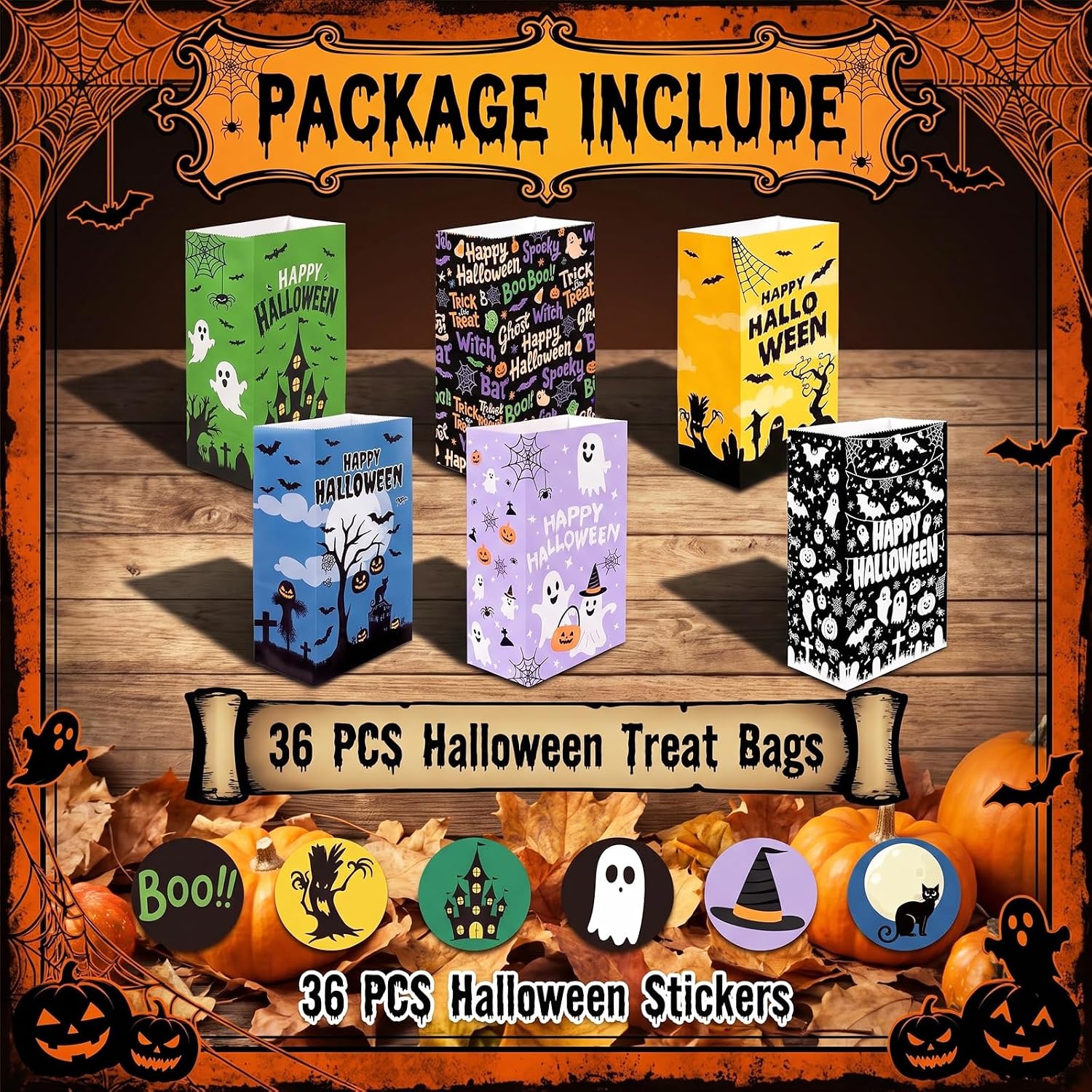 36 Pack Halloween Treat Bags, Goodie & Candy Bags with Stickers for Kids image 3