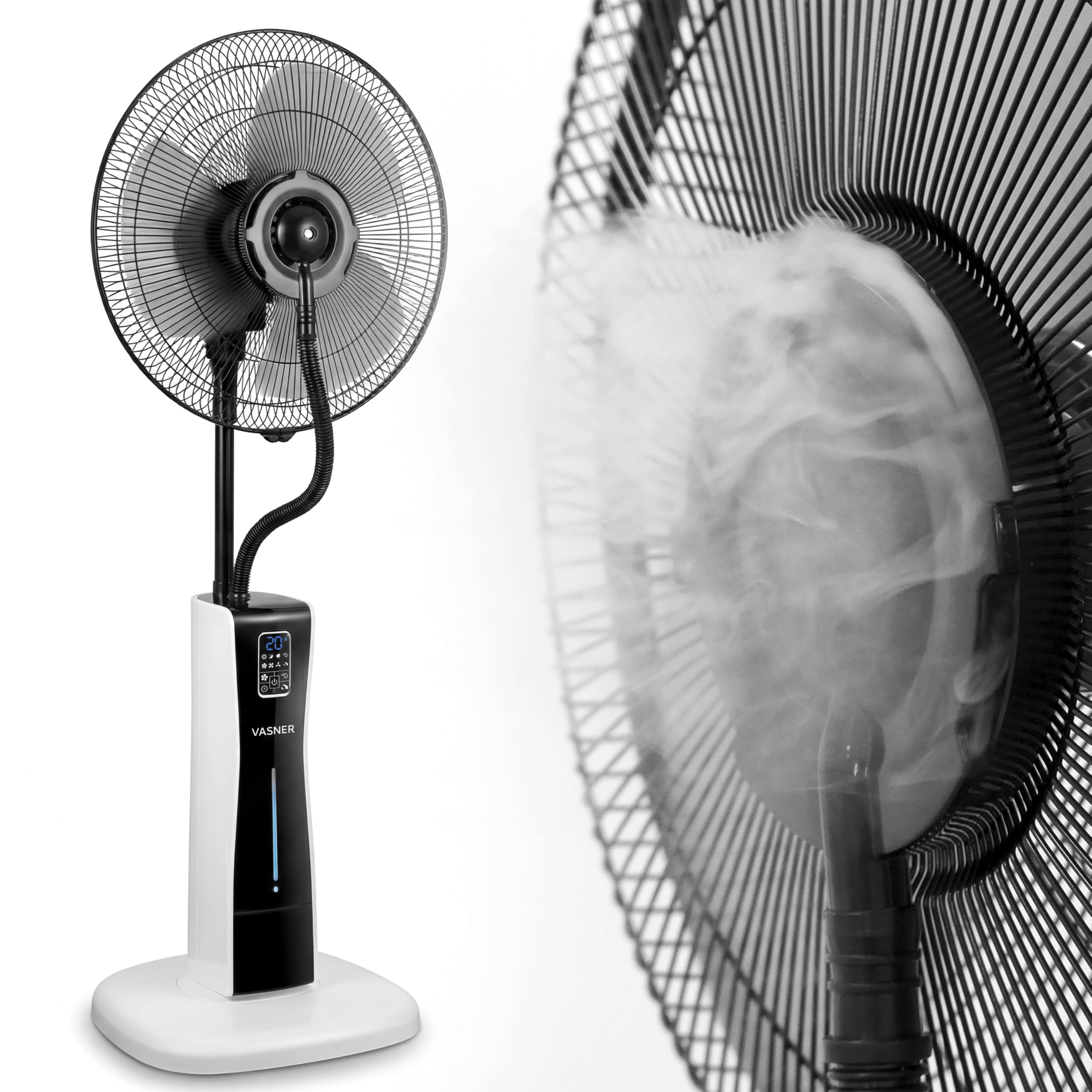 VASNER Cooly Standventilator mit Sprühnebel – Ventilator Leise mit Kühlung – Großer Stand Ventilator mit Fernbedienung – Luftkühler Wasserkühlung 3 Stufen Timer Oszillation - Mit Schwenkfunktion