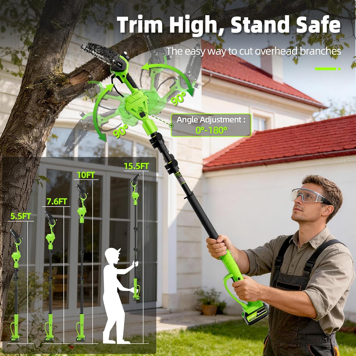 21V Cordless Pole Saw, 4-in-1 180° Rotatable Electric Tree Trimmer with 6/8 Inch Guide Bars,4000mAh Battery & Fast Charger, Telescopic Pole, Brushless Motor for Garden/Farm/Camping