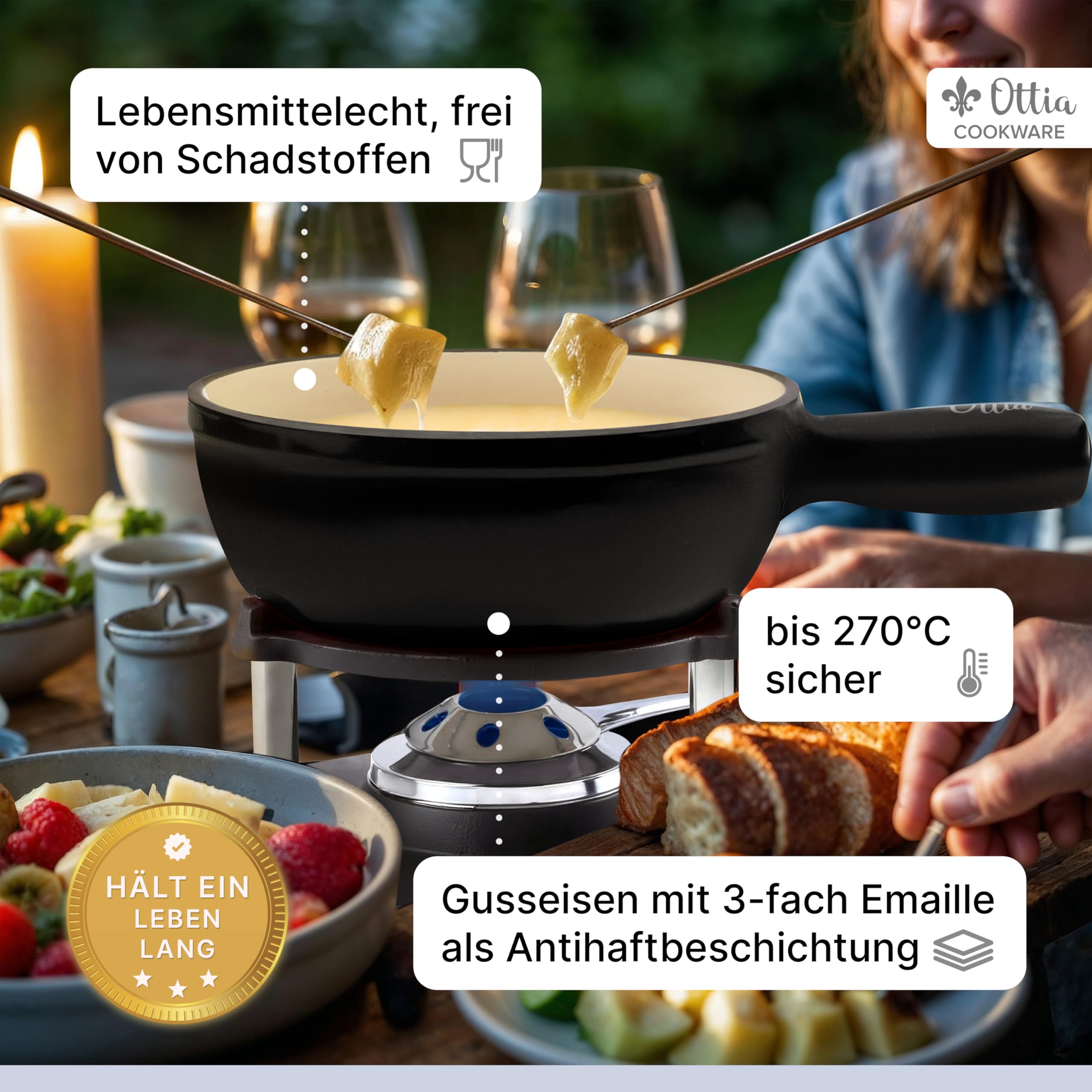 Ottia HH Service à fondue en fonte et émail pour 2, 3, 4, 5, 6 personnes Convient pour fondue au fromage, à la viande, au chocolat, sans substances nocives, avec brûleur, fourchettes et livre de