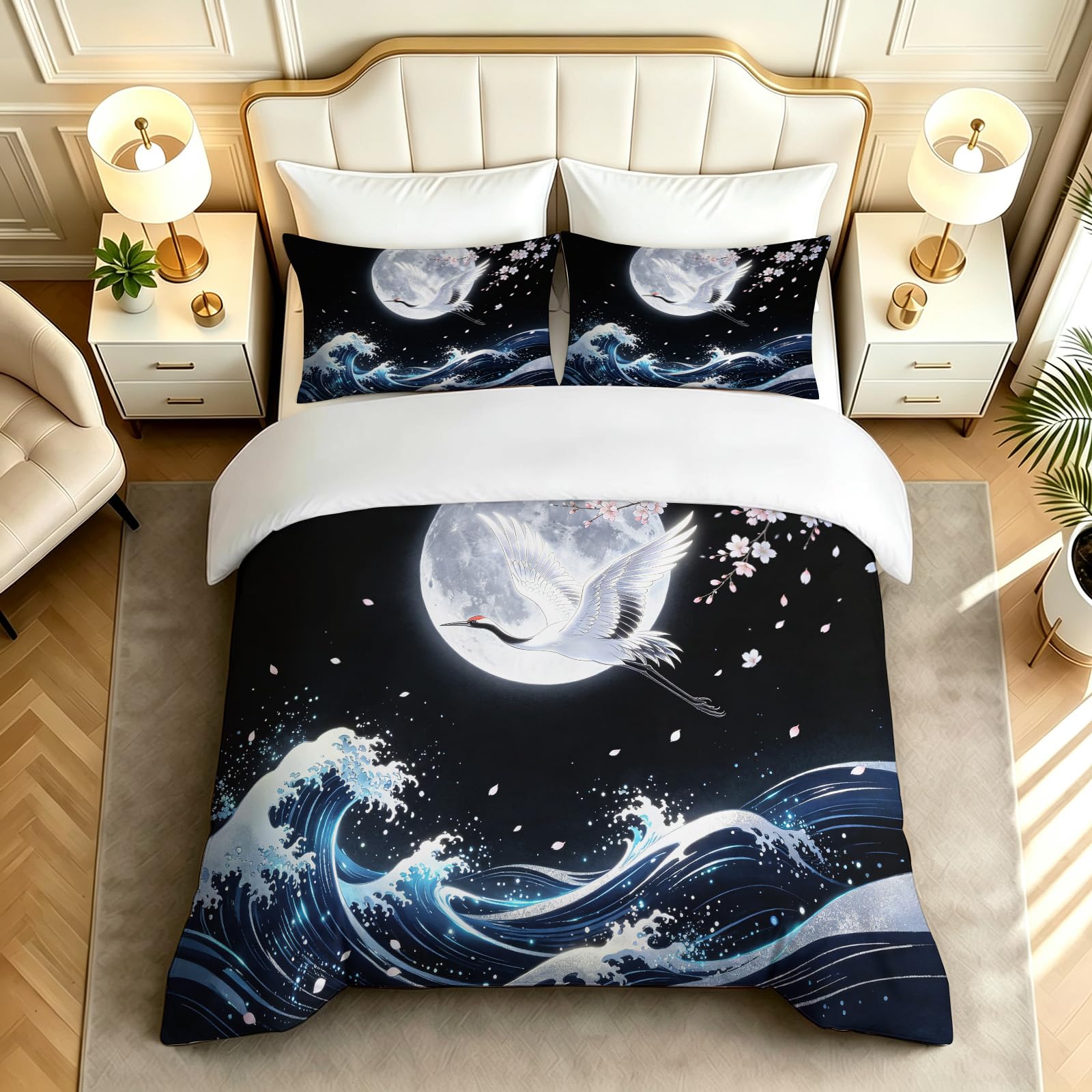Kraniche Wellen Bettwäsche 240x260 Ukiyo-E Bettbezug 3D Weiche Mikrofaser 3 Teilig Bettwäsche-Sets mit Reißverschluss und 2 Kissenbezüge 80x80 cm für Erwachsene N.103