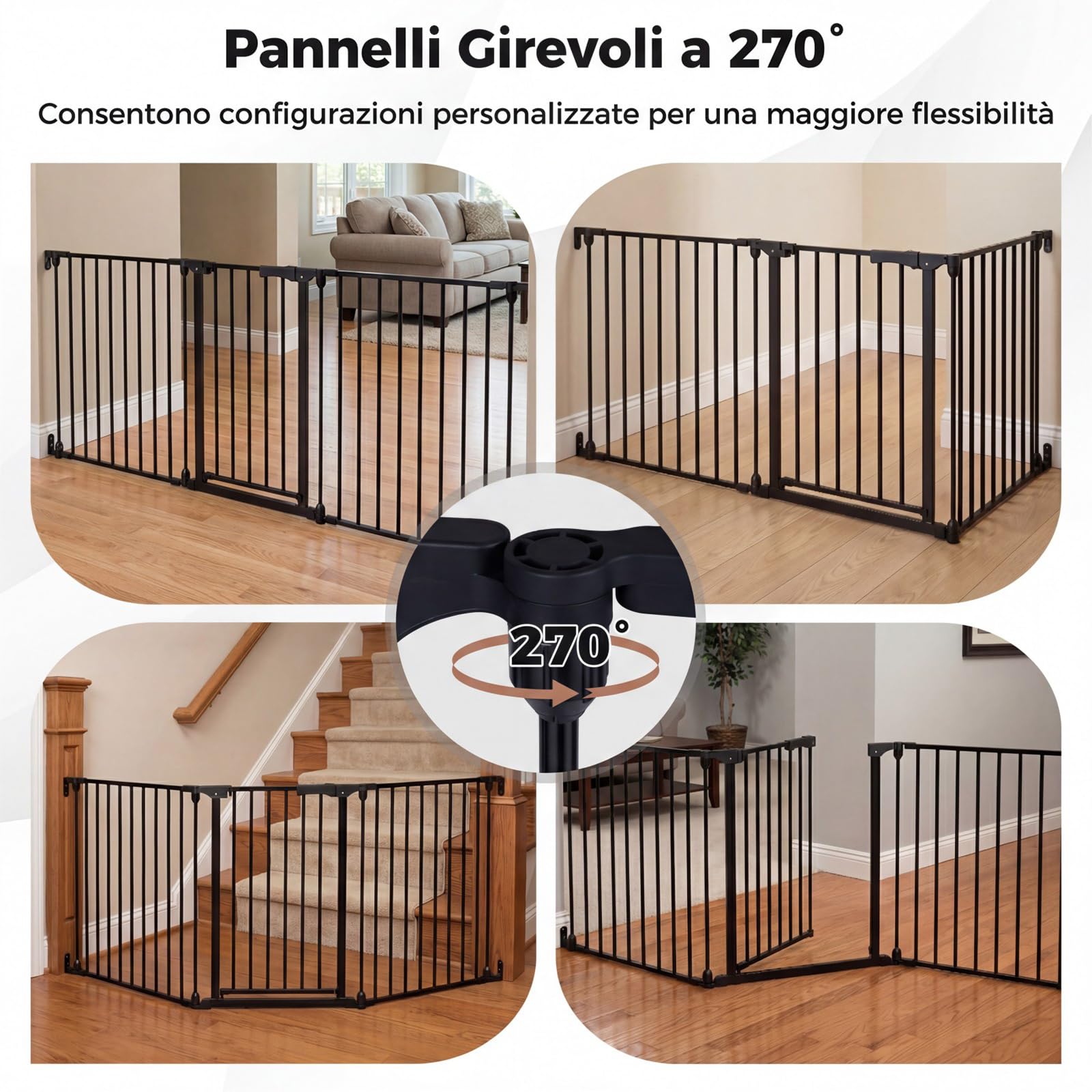 COSTWAY 198 cm Cancelletto a 3 Pannelli per Cani, Recinzione Pieghevole in Metallo con Doppia Chiusura, Apertura Bidirezionale Cancello per Bambini e Animali, Ideale per Scala e Camino (Nero)