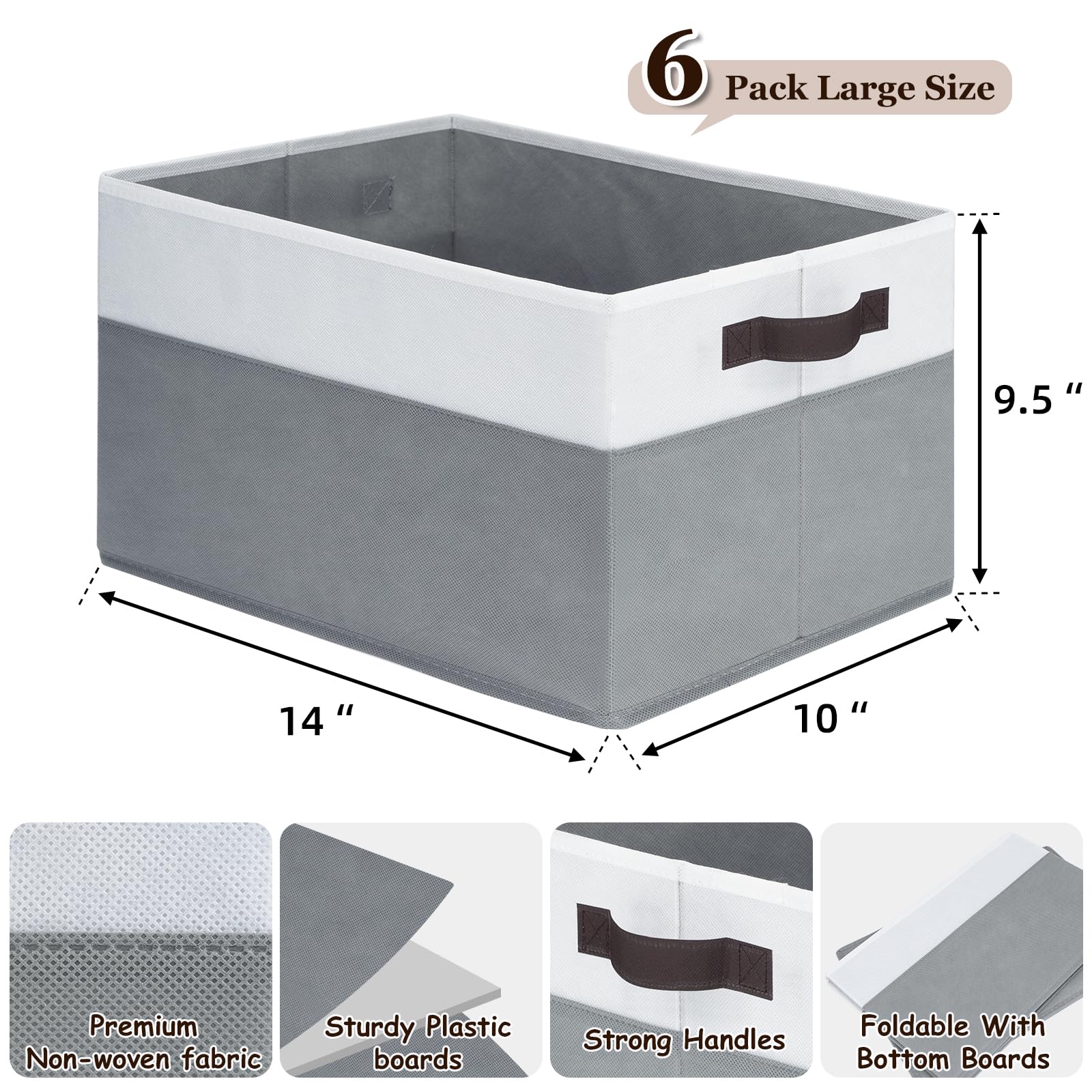 6 Pack Large Storage Baskets | Closet Shelf Nursery Organizer Bins with Handles | Foldable Fabric Storage Bins for Bedroom Bathroom Pantry | Clothes Blanket Toys Storage Organizer (14"x10"x9.5")