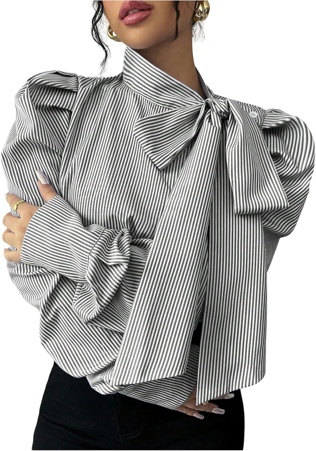 GORGLITTER Women's Striped Long Sleeve Shirt Blouse Trendy Business Casual Teacher Fall Work Bow Tie Neck Blouse Tops