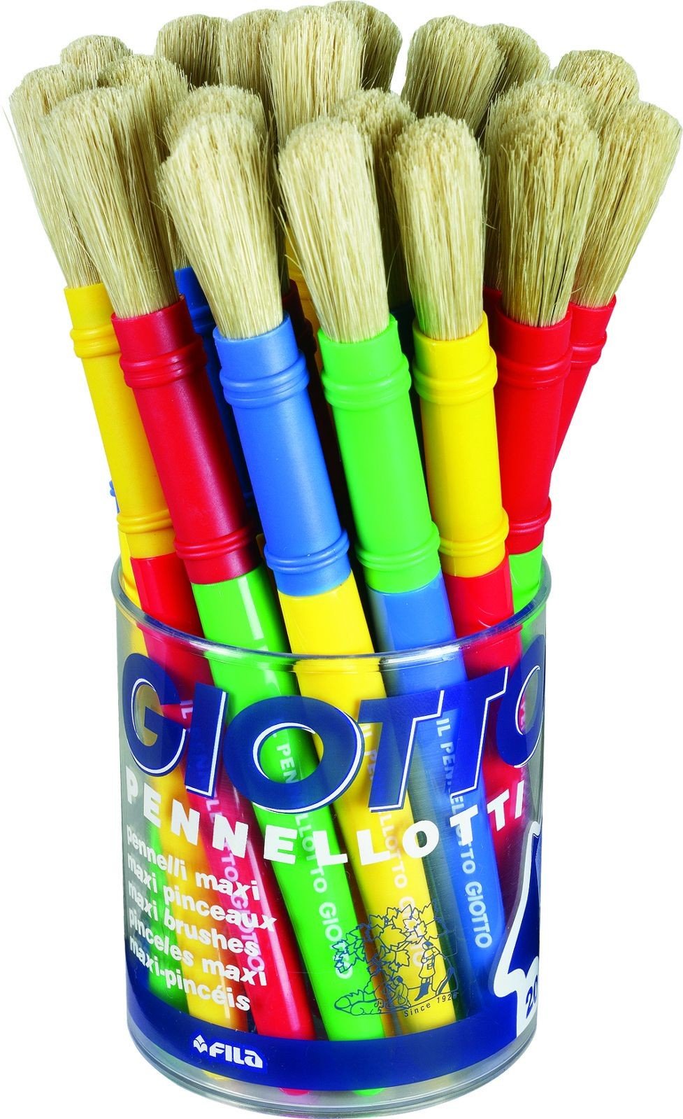 Fila Bote de 20 Pinceles Giotto Maxi con Punta Gruesa de cerda. Anti-Goteo. Colores Surtidos.