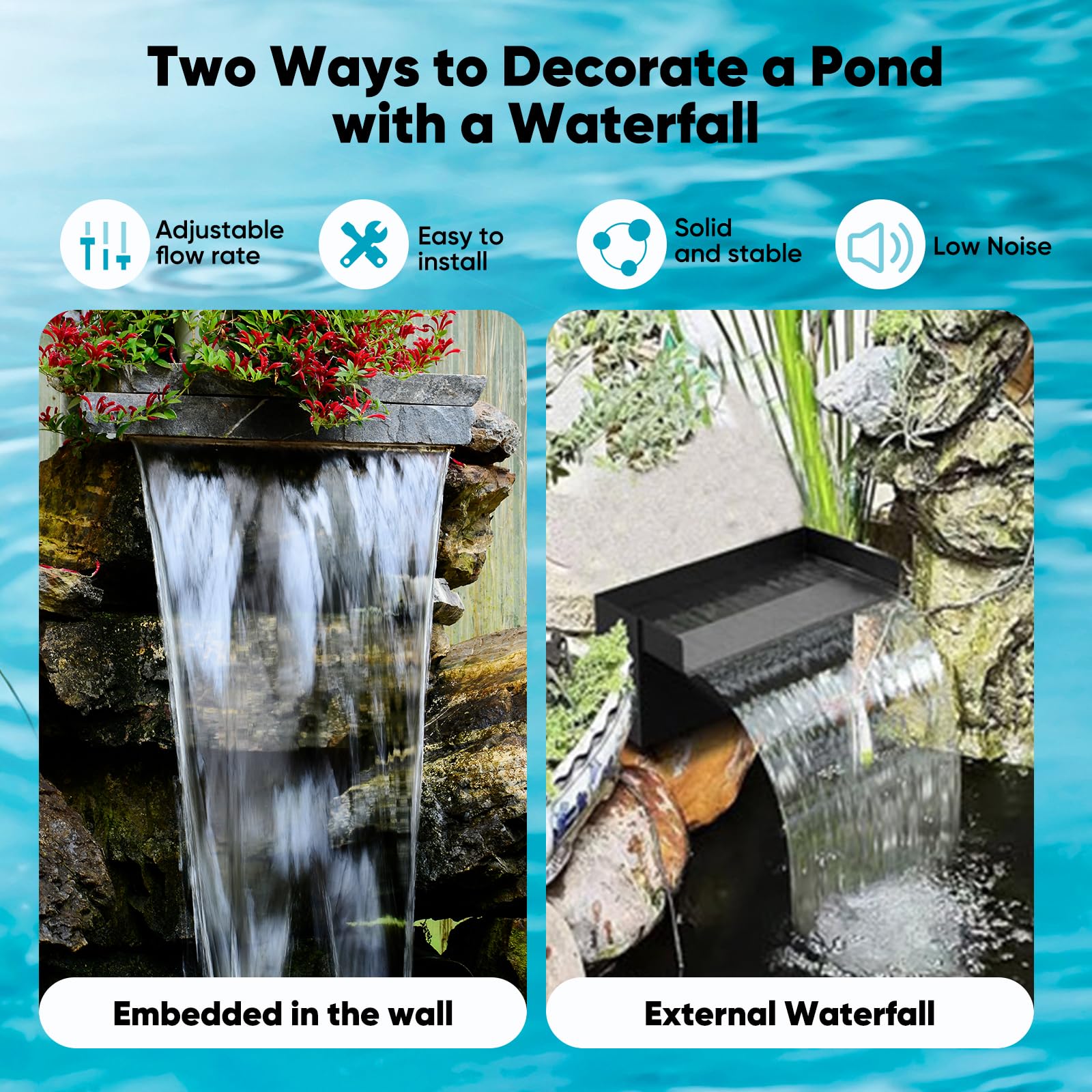 Cascada Estanque Jardin, 30CM Cascada de Estanque de Acero Inoxidable 304, Bomba Estanque con Bomba de 35W con Tubo Corrugado de 3M para Estanques, para Juego de Agua, Patio, Terraza, Pared De