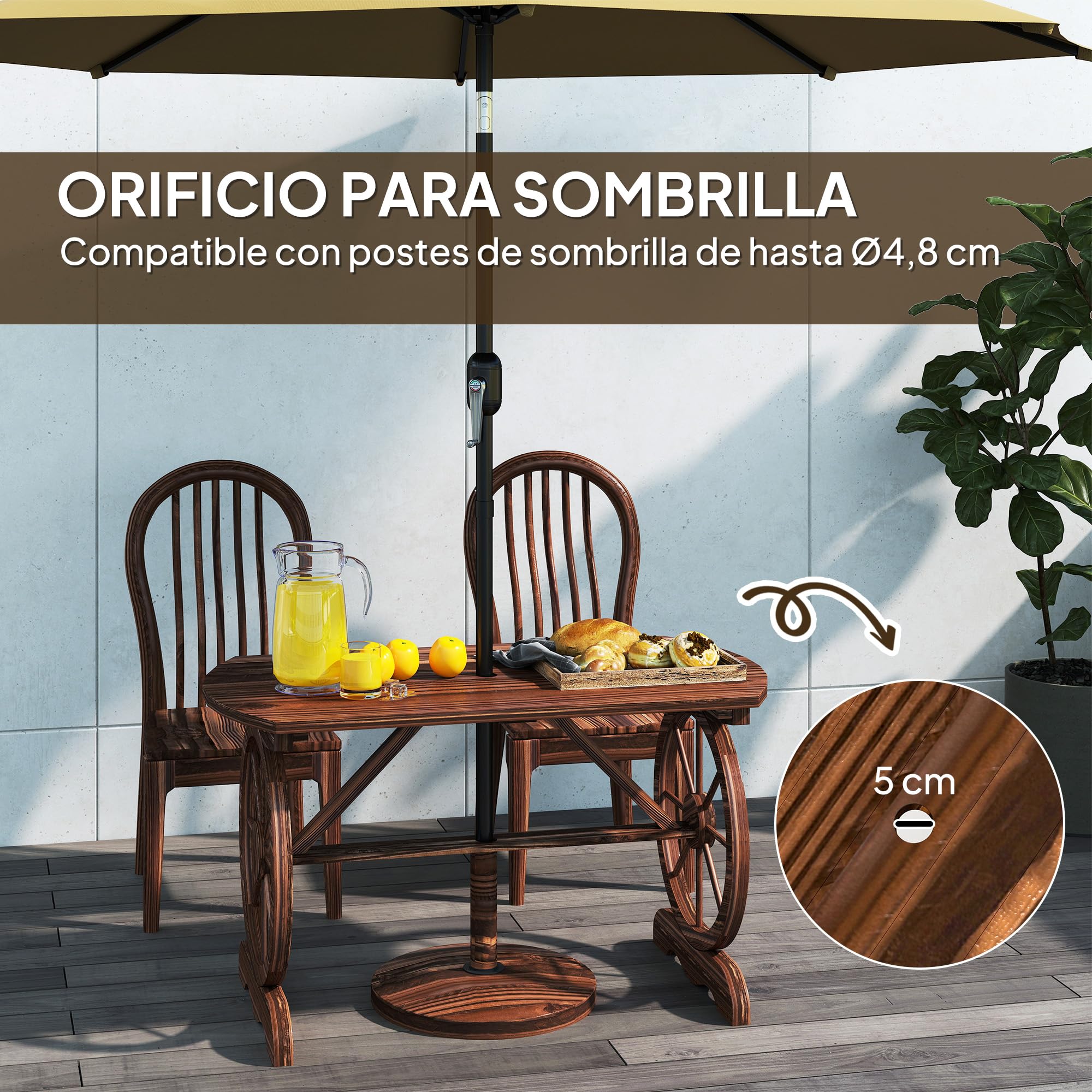 Outsunny Mesa de Jardín de Madera Mesa de Terraza Exterior 120x63x70 cm con Patas en Forma de Rueda Orificio para Sombrilla y Diseño de Listones Carga 50 kg para Patio Madera Carbonizada
