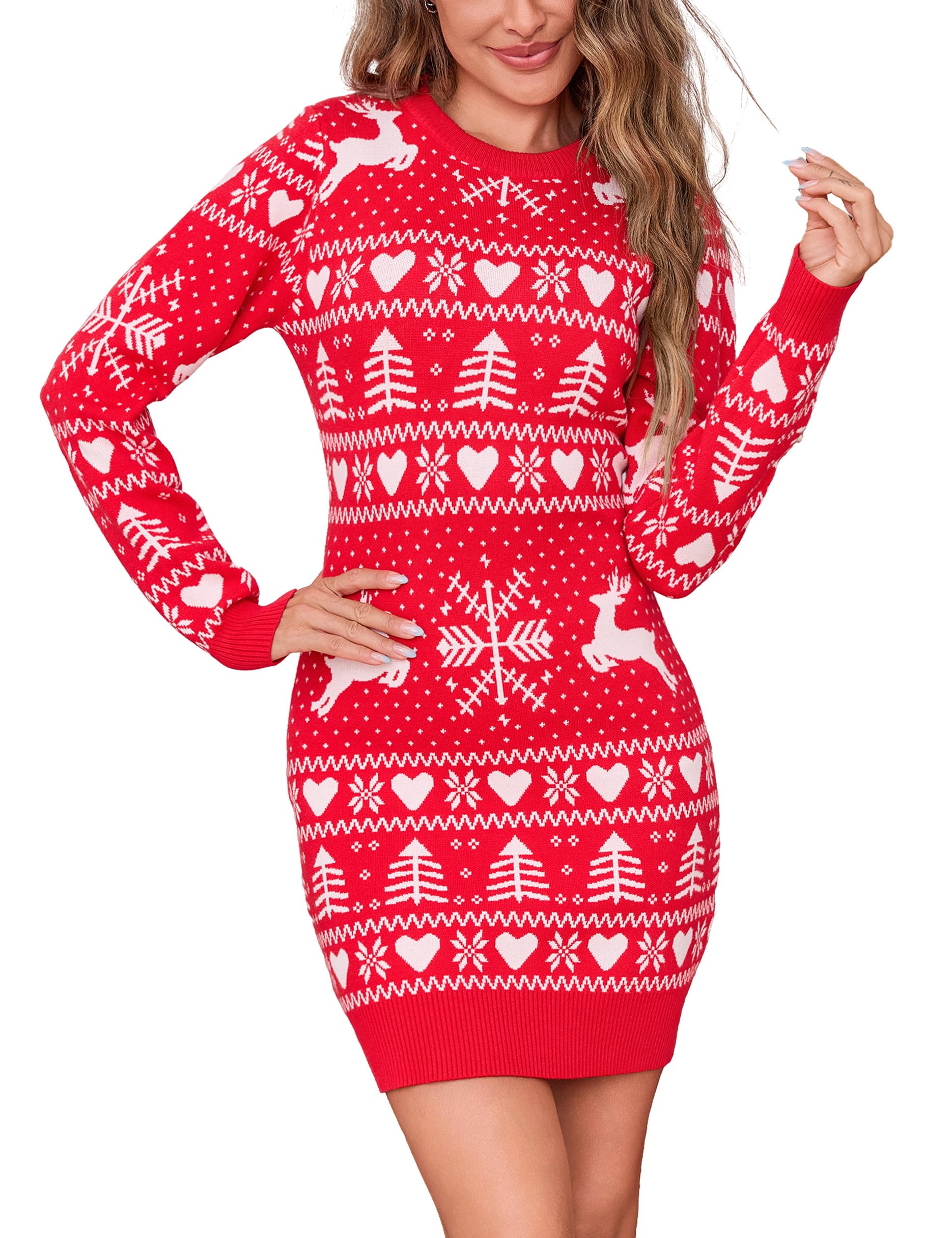 Bresdk Vestito Natale Donna Abito in Maglia Invernale Maniche Lunghe Girocollo con Renna Maglioni Natalizi Slim Fit per Madre, Moglie, Famiglia, S-XXL