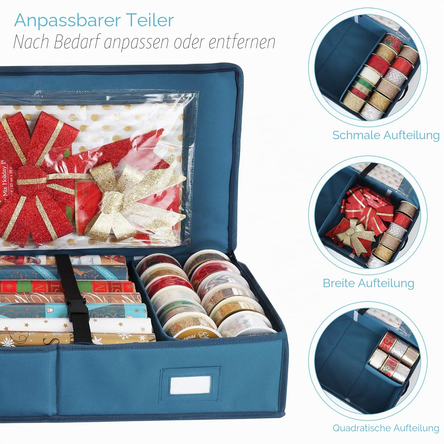 Hearth & Harbor Luxus Weihnachten Organizer Geschenkpapier Rollen Bettbehälter Aufbewahrungsbox für Urlaub Zubehör 600D Oxford Polyester Gewebe Medium stahlblau
