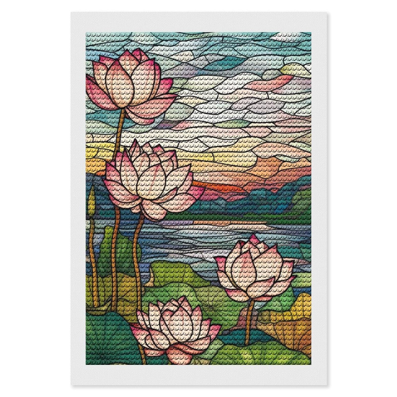 Junmoney Lotus Flowers Stained Glass DIY Diamond Art Canvas Kit 8"x12", Relaxing DIY, Sparkling Crystal Beads, Vintage Style Decor, Holiday Gift Idea