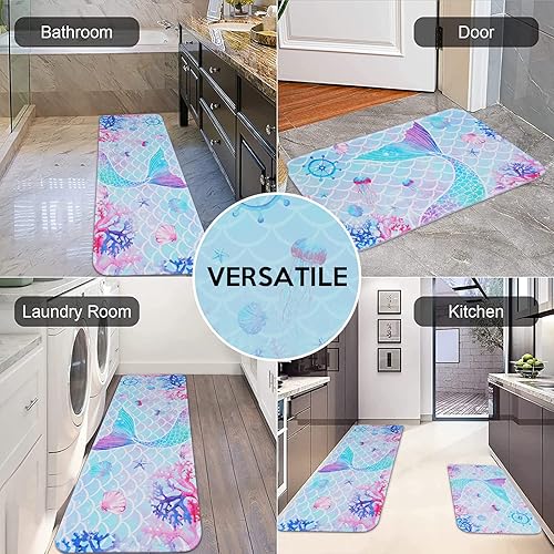 Miniatura 7 de FRAMICS Juego de 2 tapetes de baño de sirena, tapetes de baño rosa y azul para niñas, alfombras de baño suaves y absorbentes, antideslizantes, para