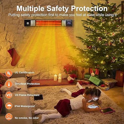 Miniatura 3 de Uthfy Calentador infrarrojo eléctrico para patio de 1500 W montado en la pared con control remoto y temporizador de 24 horas, uso al aire libre