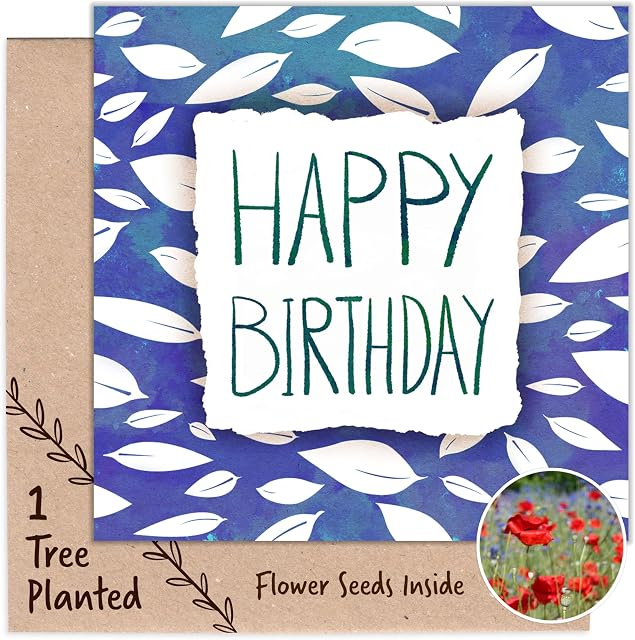 1 Tree Cards Tree Planting Happy Birthday Card for Him, Her or Them - Bee Friendly Flower Seeds Inside - Gift Card for Eco Warrior (Birthday Leaves)