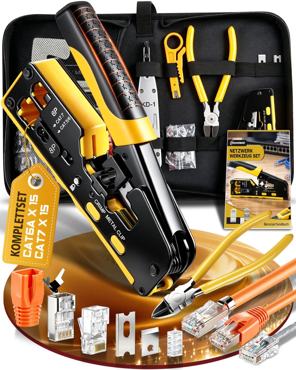 moveland Effizient Netzwerk Werkzeug Set - Rutschfest präzise RJ45 Crimpzange Pass-Through mit 15 x Cat6a / 15 x Cat7 Stecker, LSA Auflegewerkzeug, Netzwerktester für Heimwerker & Techniker geeignet