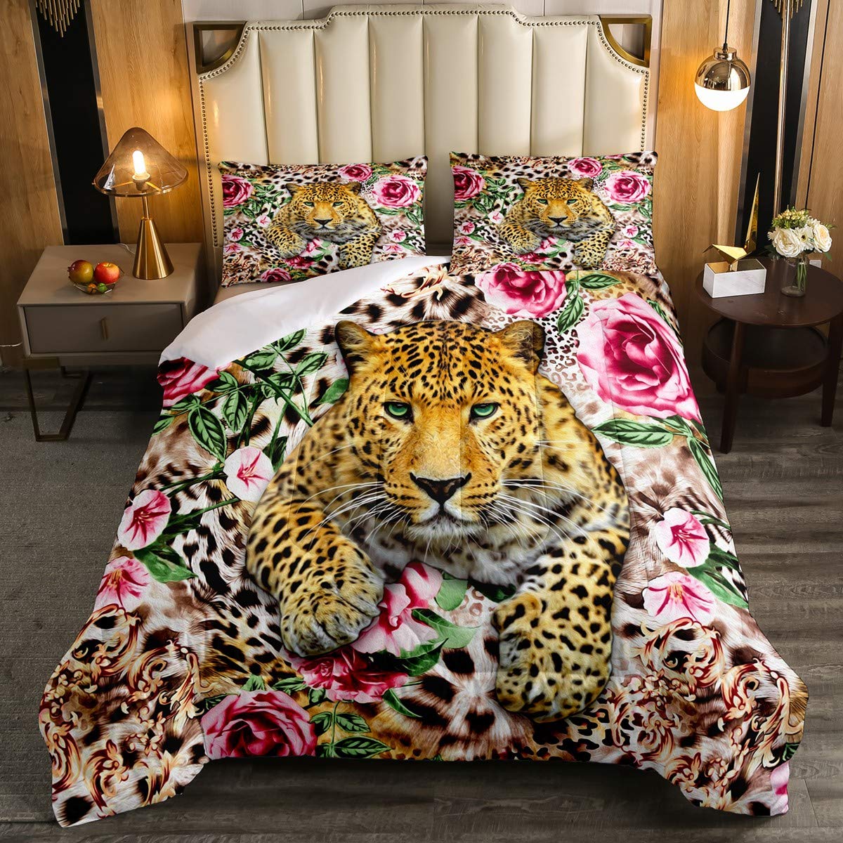 Feelyou Leopard Comforter Set Queen Size 3D Animal Print Bedding Set Wildlife Comforter Gorgeous Red Rose Floral Quilt Set with 2 Pillow Shams Microfiber Quilt Set Breathable