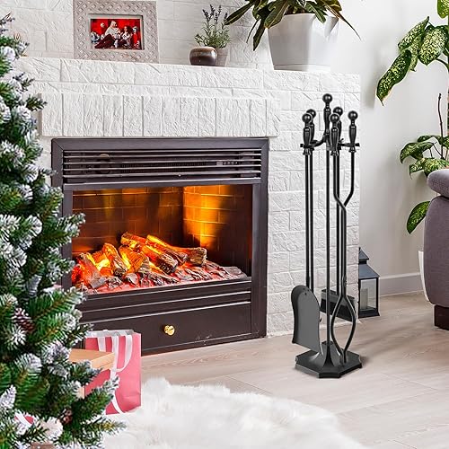 Miniatura 2 de LOENIY Juego de 5 herramientas para chimenea de 31 pulgadas, herramientas de hierro forjado con mango ergonómico, juego de accesorios para chimenea