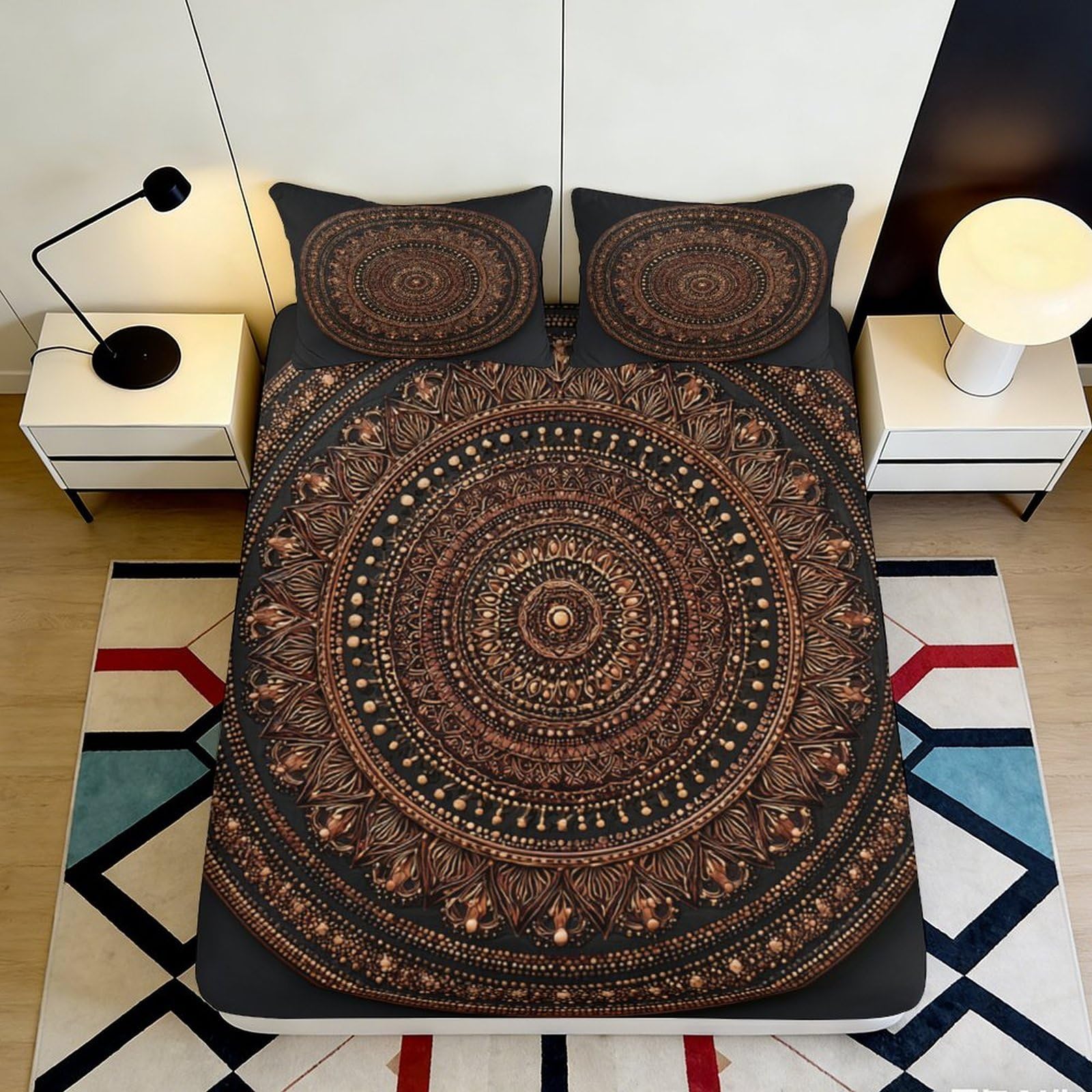 3D Printed Mandala Boho Fitted Sheet Microfiber Soft Brown Ethnic Circle Mattress Cover for Bedroom Guest Room Decor 90x200x25cm