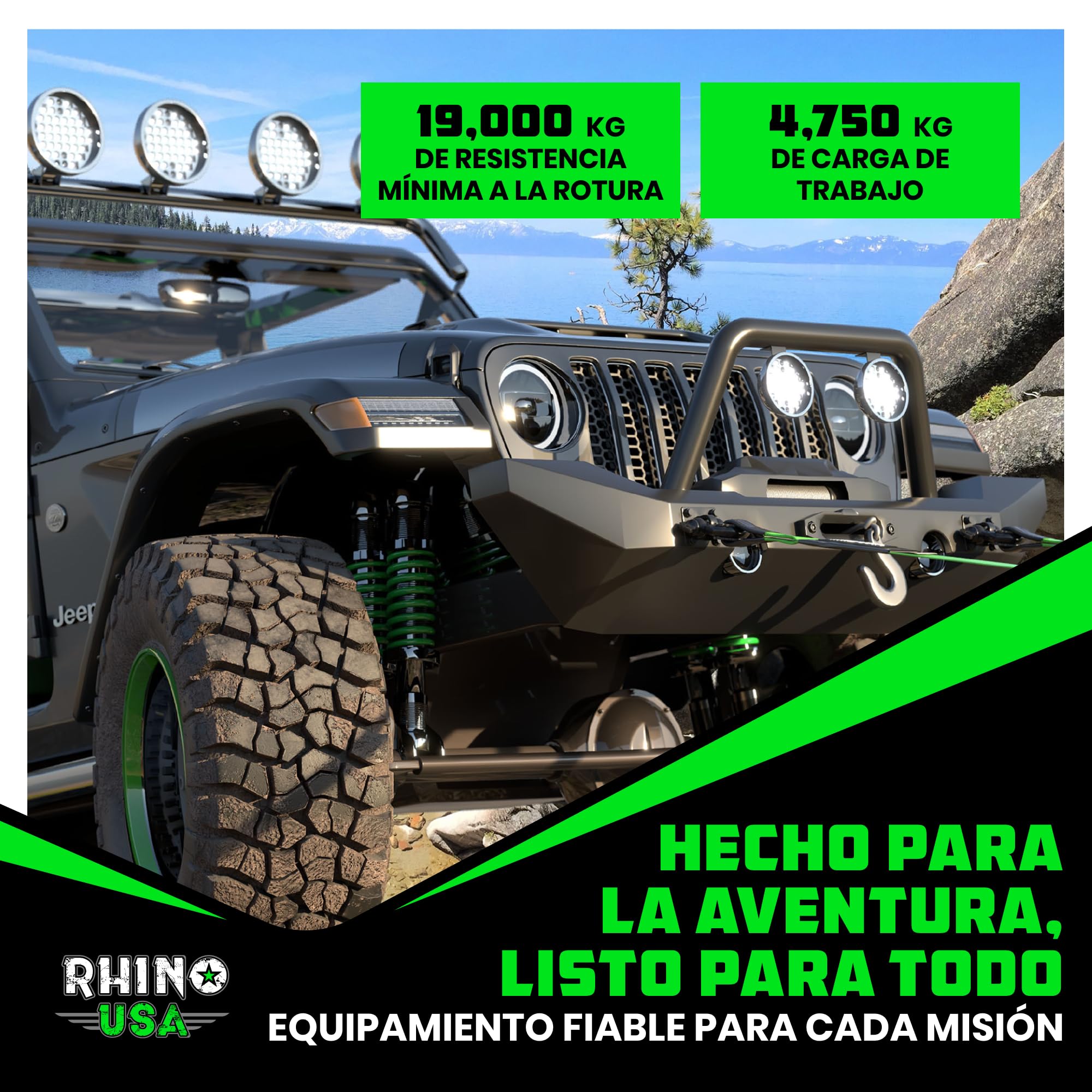 Rhino USA D-Ring Grilletes (2 Piezas) - Resistencia a la Rotura de 18.983 kg – Horquilla 1,9 cm con Pasador de 2,2 cm para Remolque y Uso 4X4 – Pares con Correa de Recuperación para Vehículos (Negro)