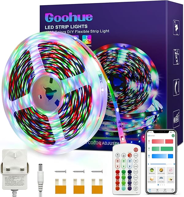 Goohue LED Strip Lights, 10M RGB Colorful Light Strips Rope Lighting with Remote, Bluetooth Music Sync Color Changing Led Strip Built-in Mic for Bedroom, Home, TV, Party, Christmas