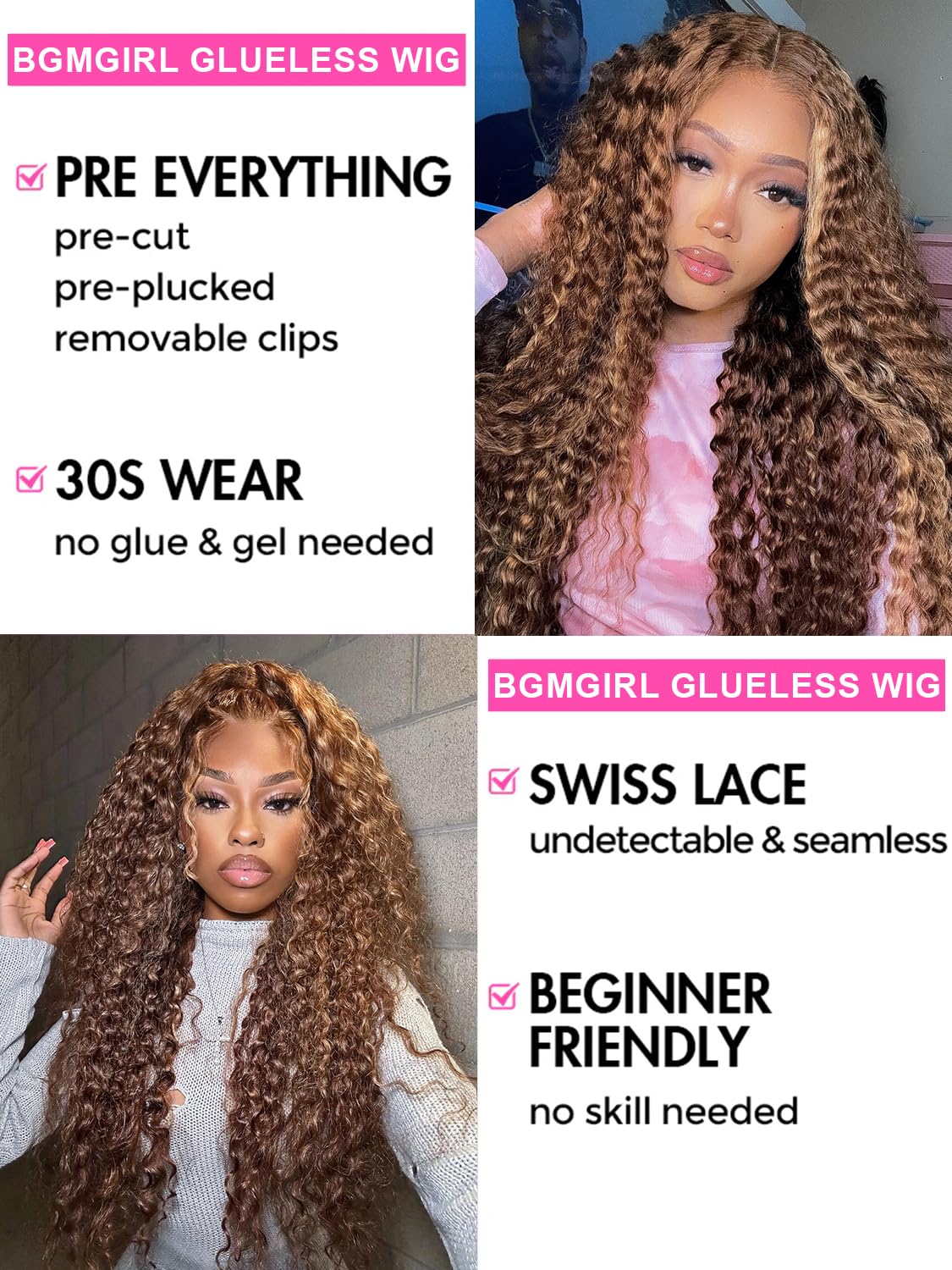 BGM GIRL Highlight Glueless Wig Human Hair 7x5 HD Lace Water Wave Wig 4/27 Color 180% Density Pre Plucked Invisible Knots Pre Cut Lace Wear Go Deep Wave Wigs for Women Beginner Friendly 20 Inch