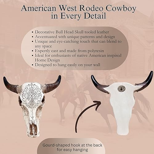 Vista 2 de BestGiftEver Arte de pared rústico tribal con cabeza de toro, arte de pared de calavera de toro blanco con herramientas - Decoración occidental