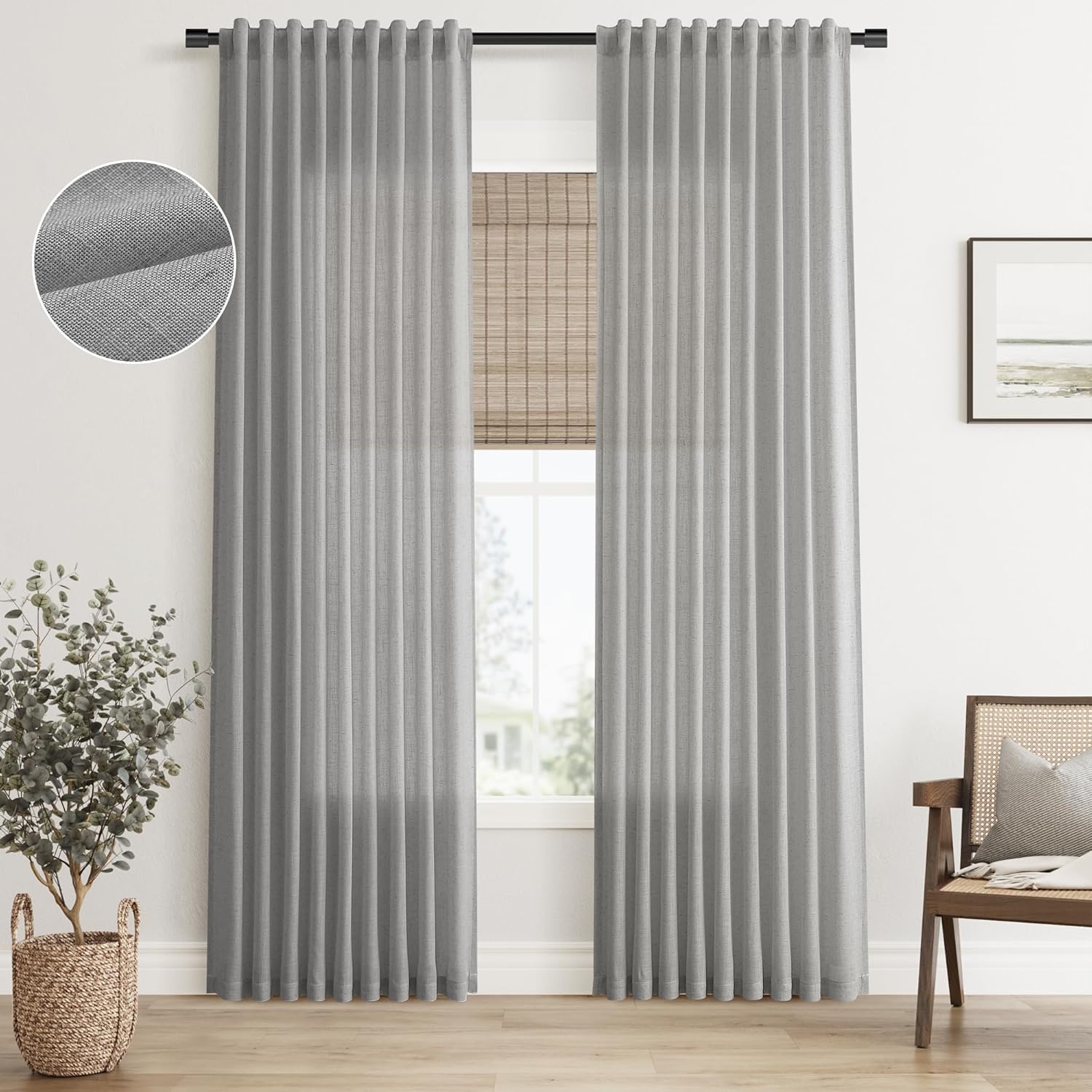 SMABU Gray Linen Curtains 84 Inches Long 2 Panels Set for Living Room Bedroom Back Tab Hook Belt Semi Sheer Light Filtering Privacy Curtains Solid Gray Modern Cotton Textured Curtain Drapes Decor