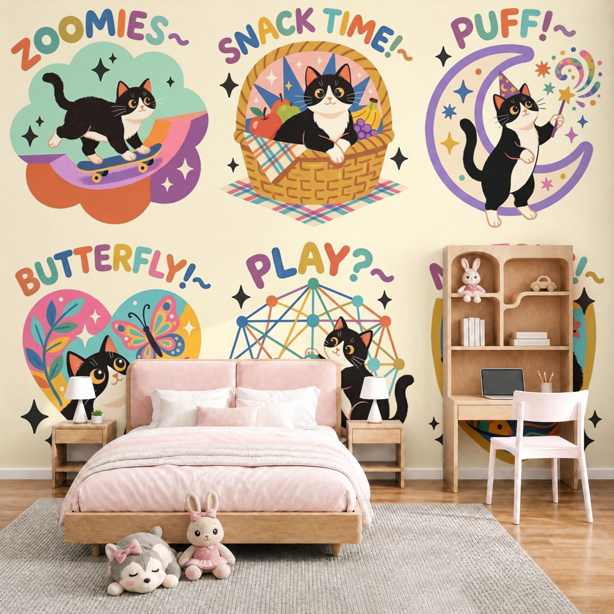 Papier peint panoramique chat jouant grande fresque lavable et résistante pour décoration murale