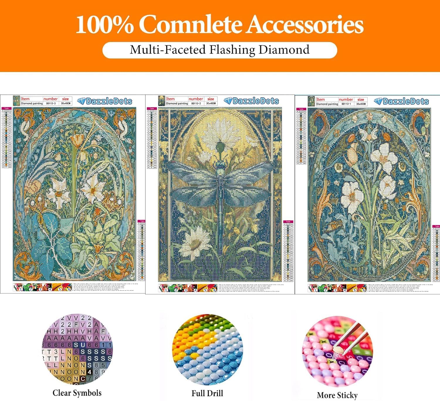 DAZZLEDOTS Diamond Art Kits for Adults, 3Pcs Floral Dragonfly Diamond Painting Kits for Beginner DIY 5D Full Drill Diamond Dots Crafts for Home Wall Decor Gifts 12x16 Inch