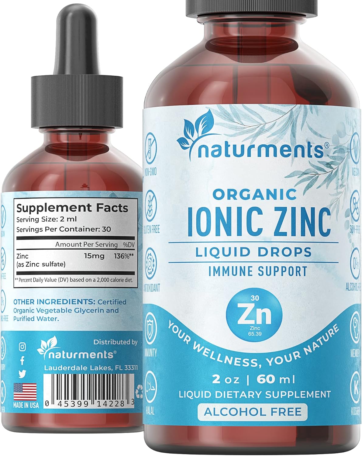 Naturments Zinc Liquid Drops Supplement: Immune Support - Maximum Strength Pure Organic Ionic Liquid Zinc Sulfate for Adults & Kids - Brain and Thyroid Support - Vegan, Non-GMO, Gluten Free - 2 Oz