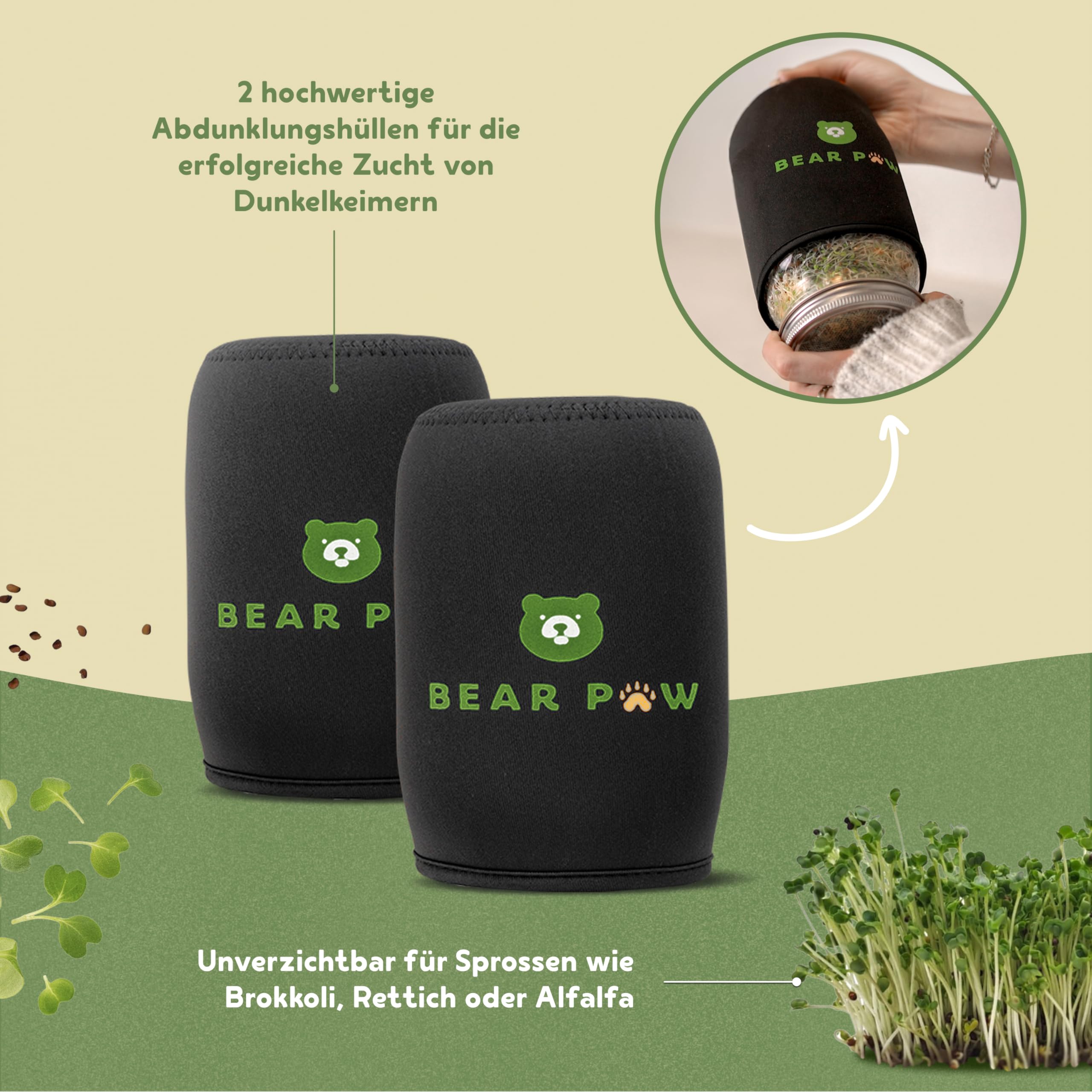 BEAR PAW® Sprossenglas 2er Set - 1000ml Keimglas für Sprossen Keimlinge - (inkl. Bambushalterung, Abdunklungshüllen, Gratis Videokurs, Sprossenbuch) - Sprossenglas Keimglas Set - Sprossen Keimgerät