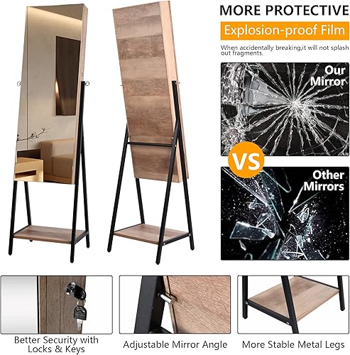Miniatura 4 de LVSOMT Armario de joyería de 3 luces LED de longitud completa, espejo de pie con almacenamiento de joyas, organizador de espejo grande con cerradura