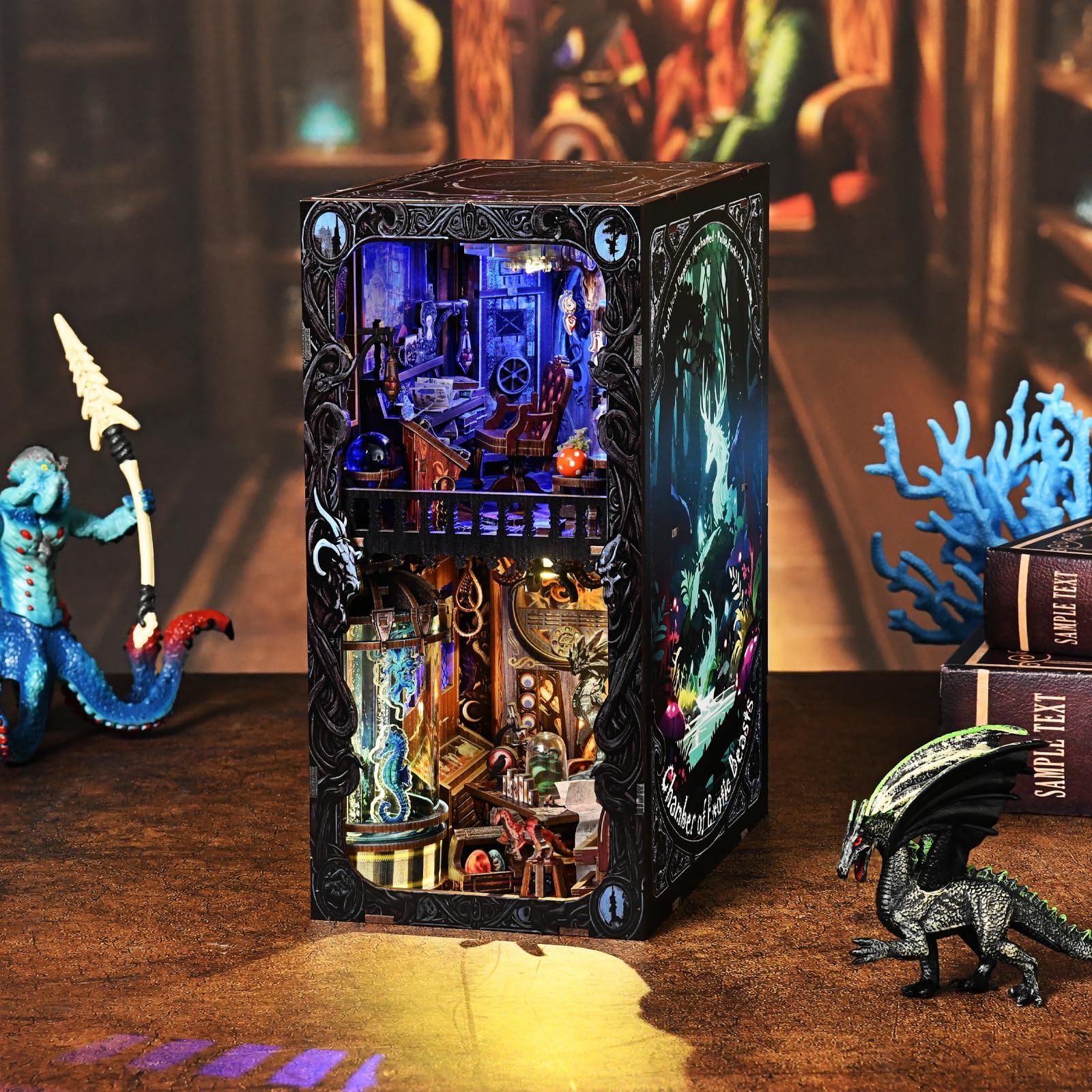 Book Nook Zestaw DIY 3D Drewniana Układanka Miniaturowy Domek Insert na Półkę Dekoracyjny Model Alley Magiczne Stworzenia