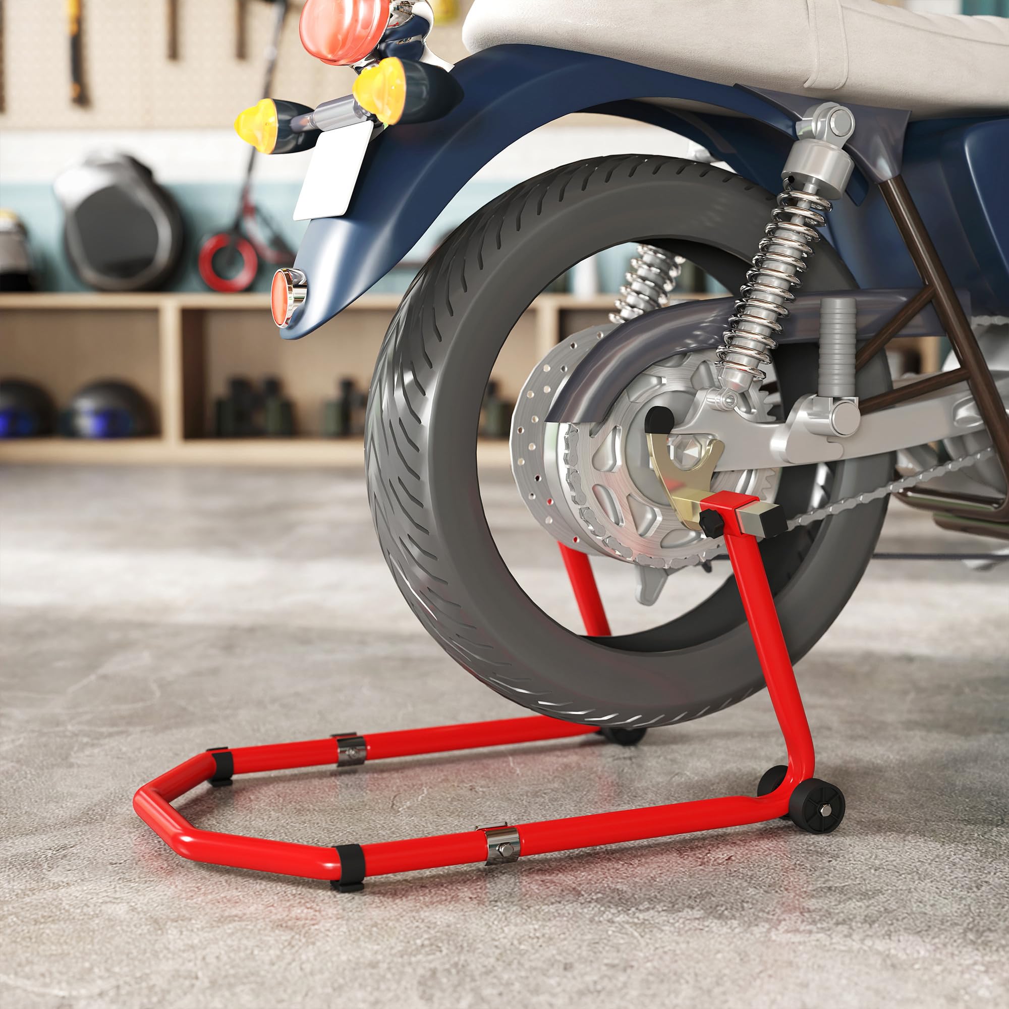 HOMCOM Caballete Moto Elevador Universal Carga 390 kg Combo Soporte de Rueda Delantera y Trasera Motocicleta con Adaptadores de Horquillas en U y L Ajustables y Ruedas para Reparación y Mantenimiento