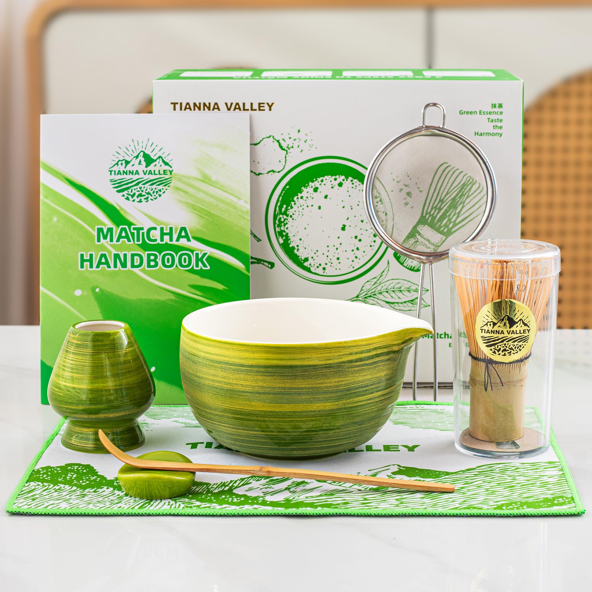 7 Stück Grüner Matcha Set, Matcha Besen,Matcha Set für Zeremonie,480 Ml/16.2 Oz Keramik Schale(chawan) mit Ausguss,Bambus Schneebesen und Halter,Tradition Matcha Tee Set