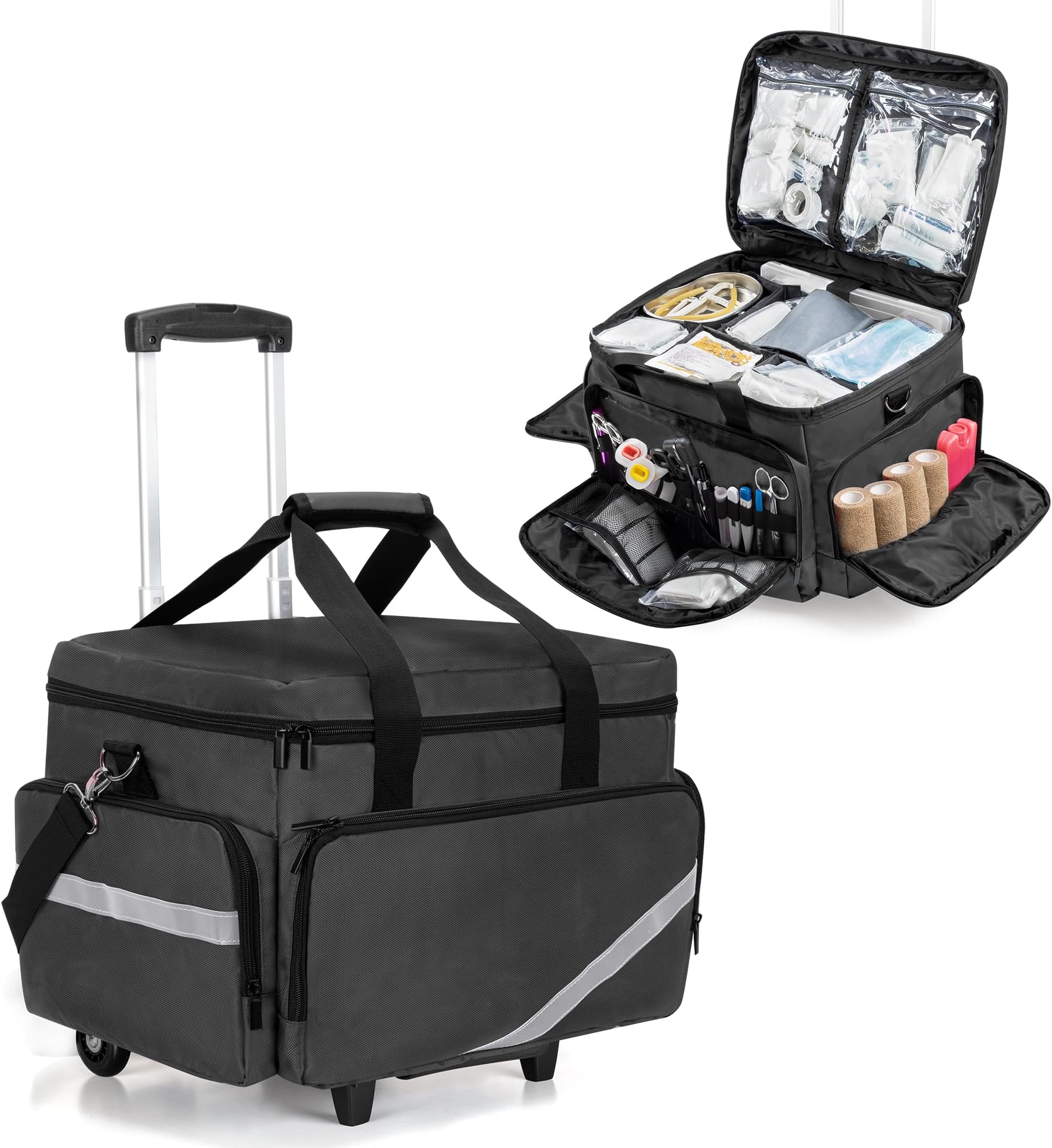 Trunab Rolling Medical Bag with Detachable Trolley, Nurse Rolling Bag with Removable Dividers 15.6” Laptop Sleeve, First Aid Responder Bag Empty for Home Health Nurses, Doctors, EMT, EMS