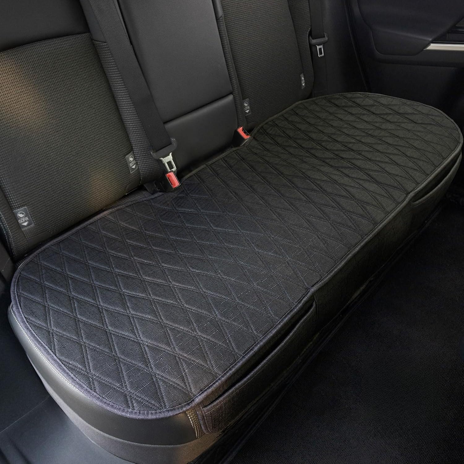 Universal Grey Anti-Slip Rear Car Seat Cover Size L - Faux Linen Bottom Bench Seat Cushion Fits Most of Vehicles Cars Truck SUV Van - Automotive Long Back Seats Protectors with Storage Pocket