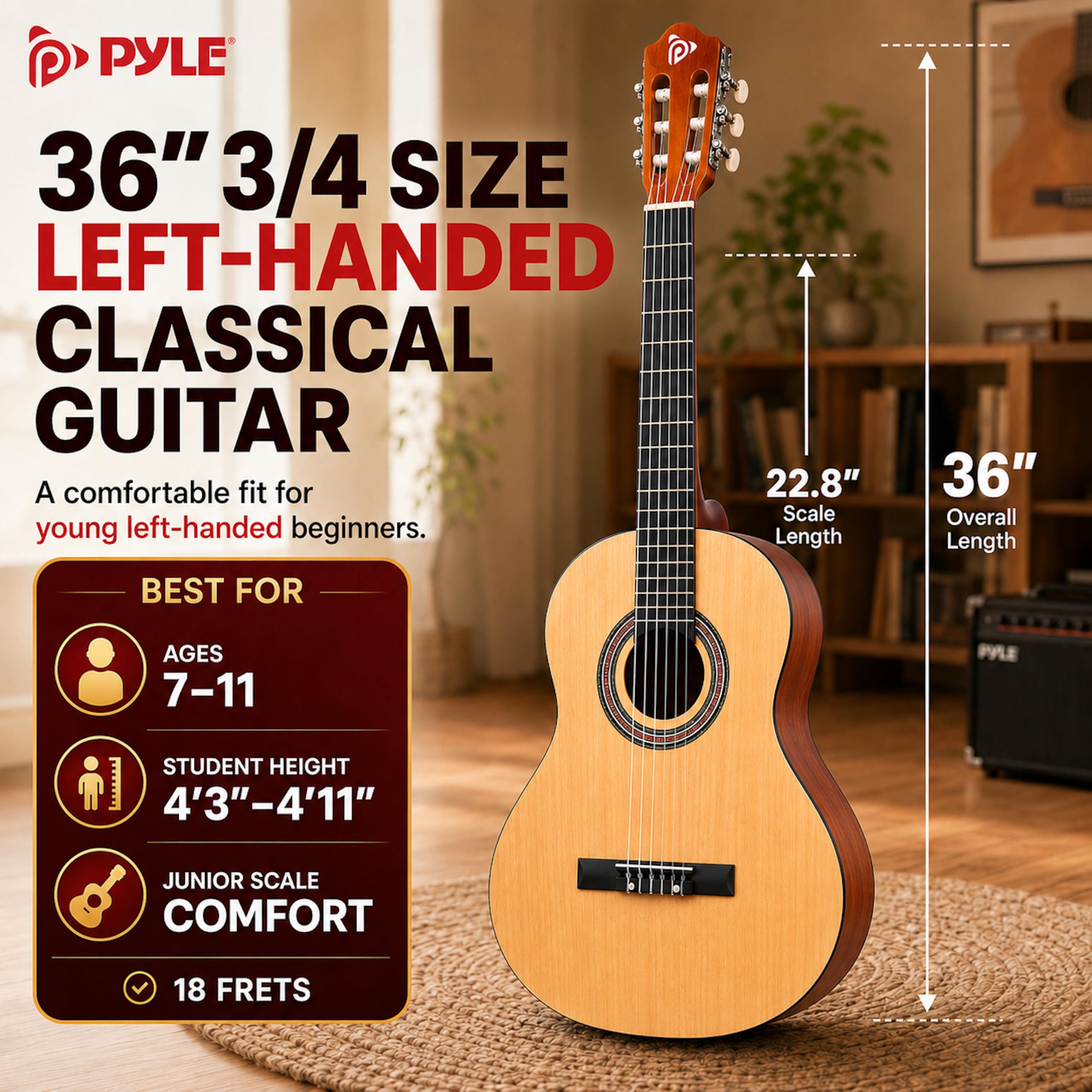Pyle Chitarra acustica a 6 corde, sinistra, marrone lucido (PGACLS82LFT.9)