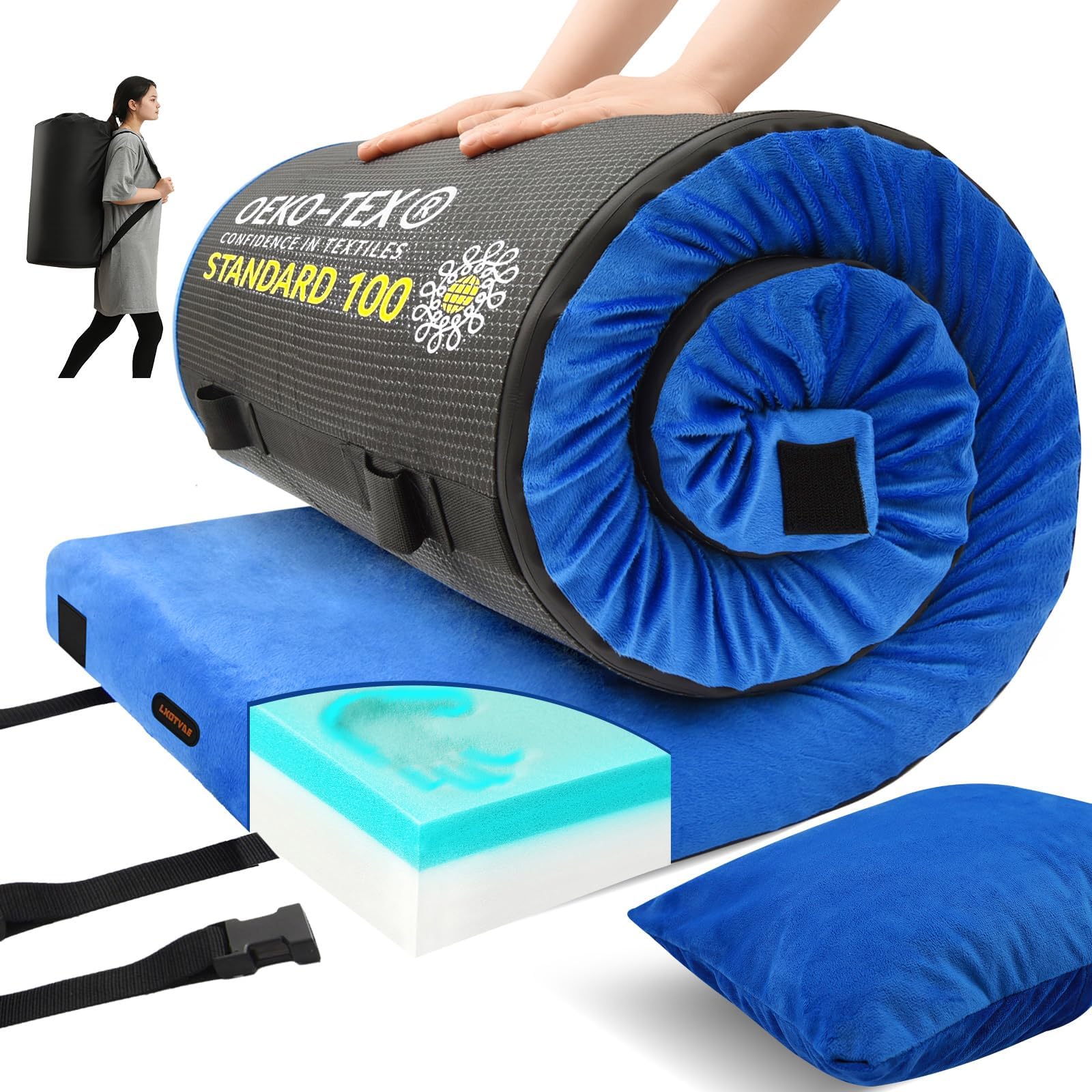 Memory Foam Camping Mattress pad, Comfortable Thick Floor Sleeping Mat for Adults with Waterproof and Non-Slip Bottom, Portable Roll Up Mattress for Sleepover Guest,Cot Mad for Car Camping